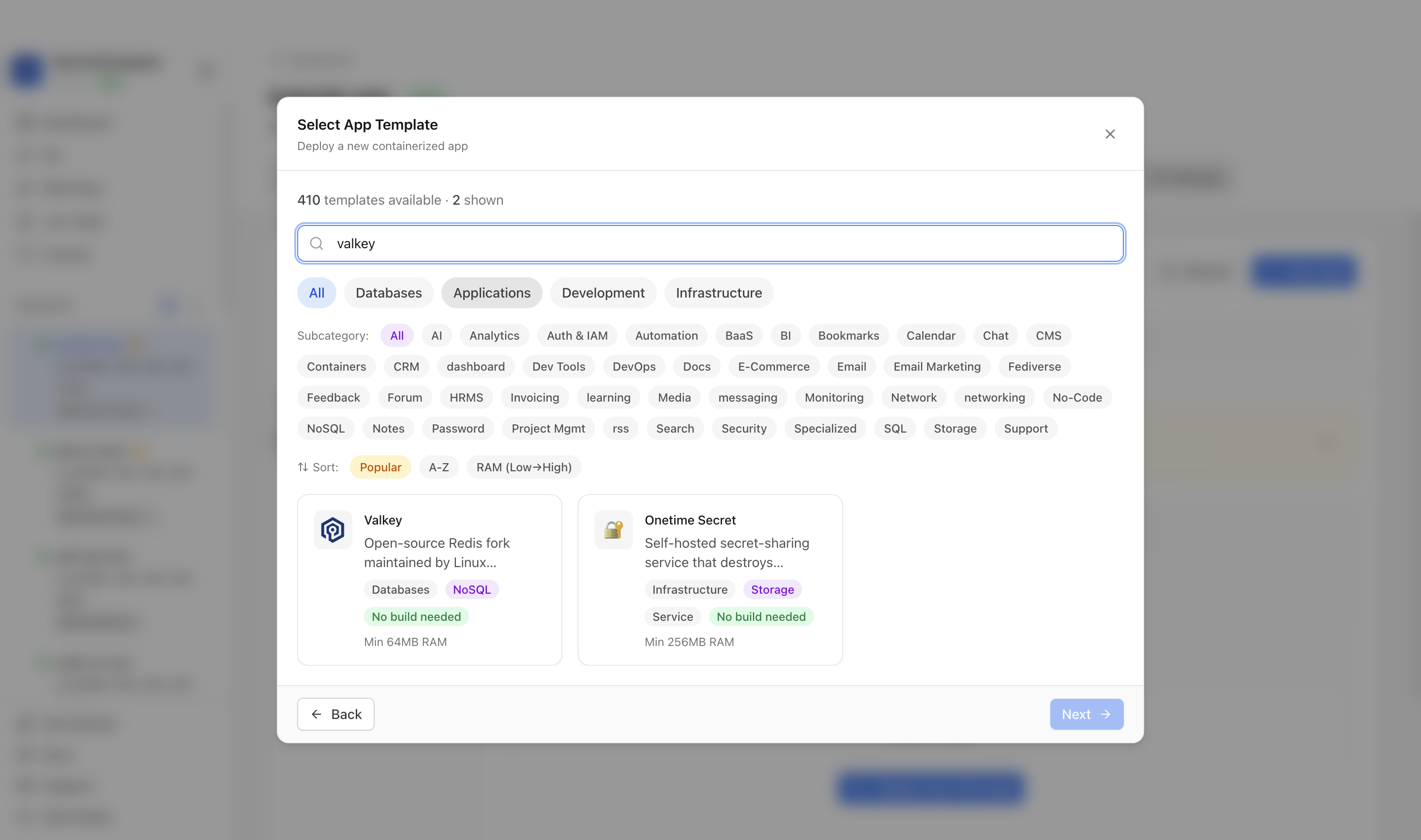 Searching for Valkey in the Server Compass template picker