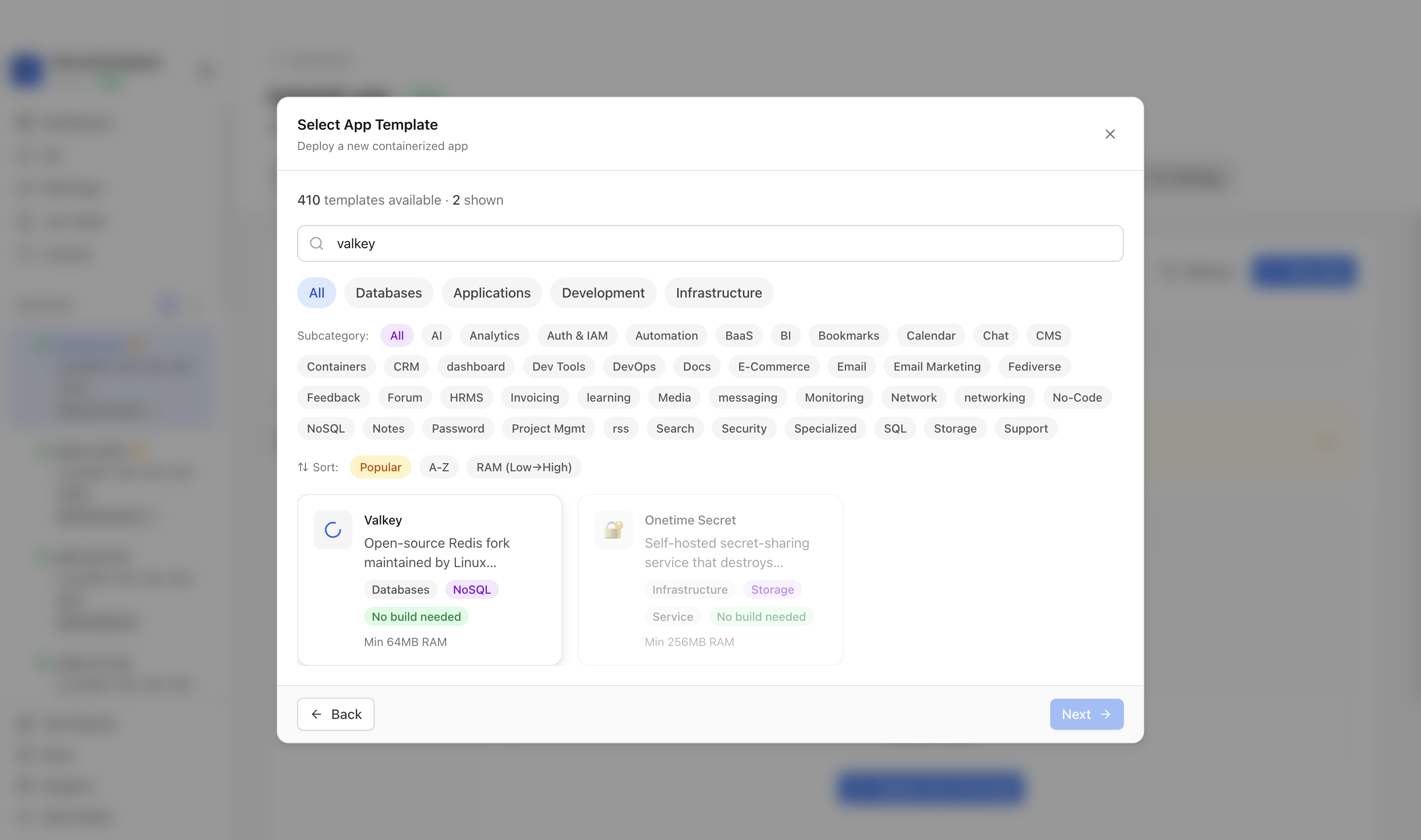 Valkey template selected in Server Compass