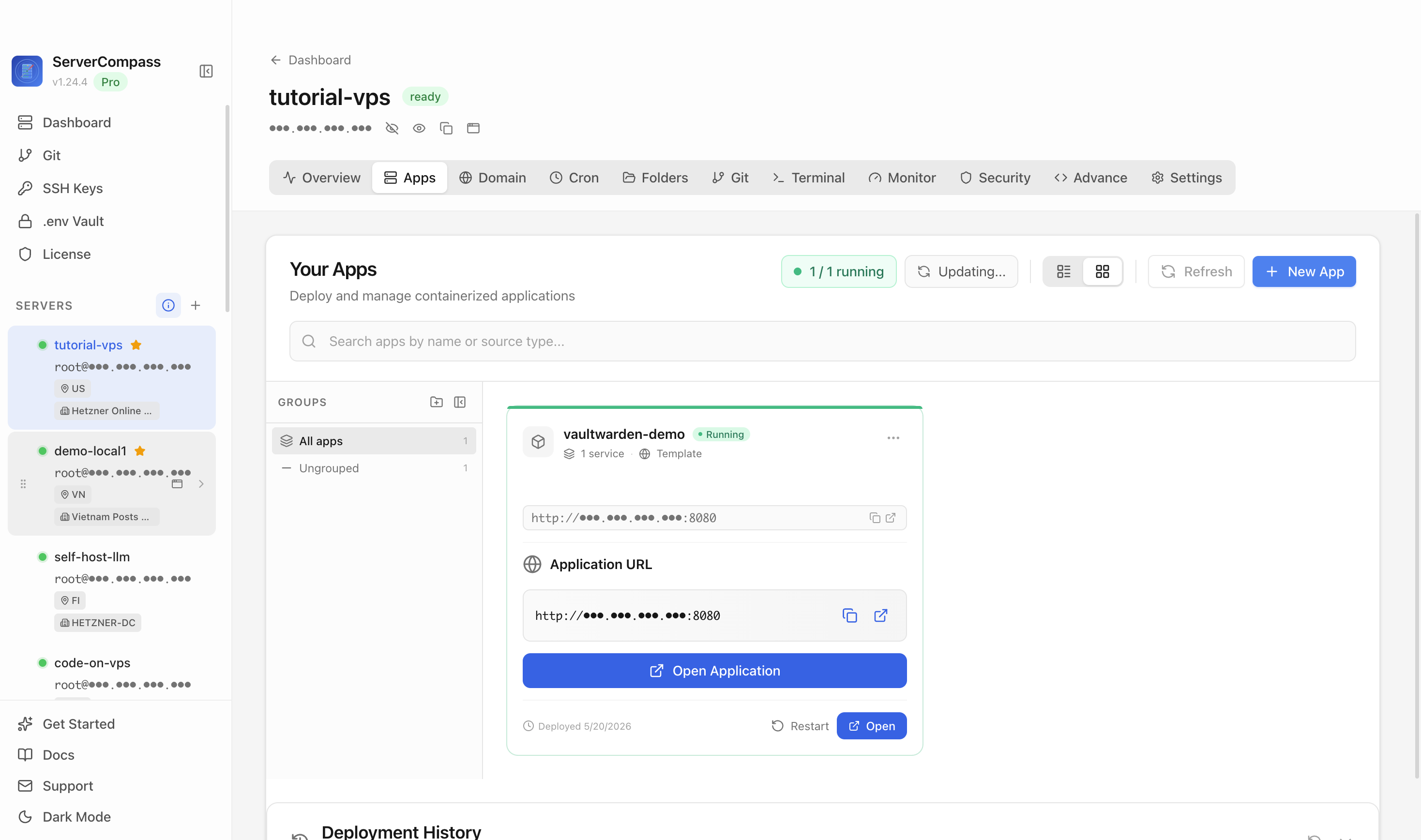 Vaultwarden template running in the Server Compass Apps tab