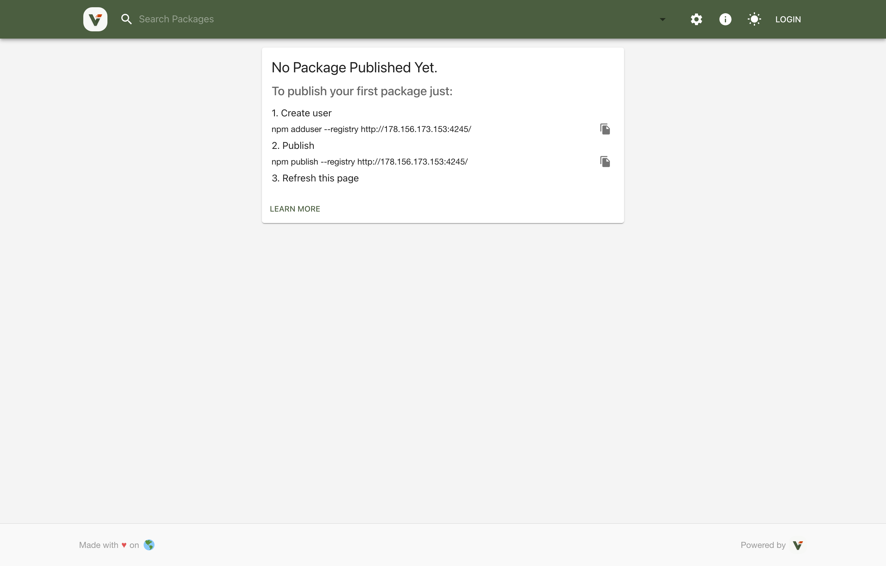 The deployed Verdaccio web UI loaded in a browser