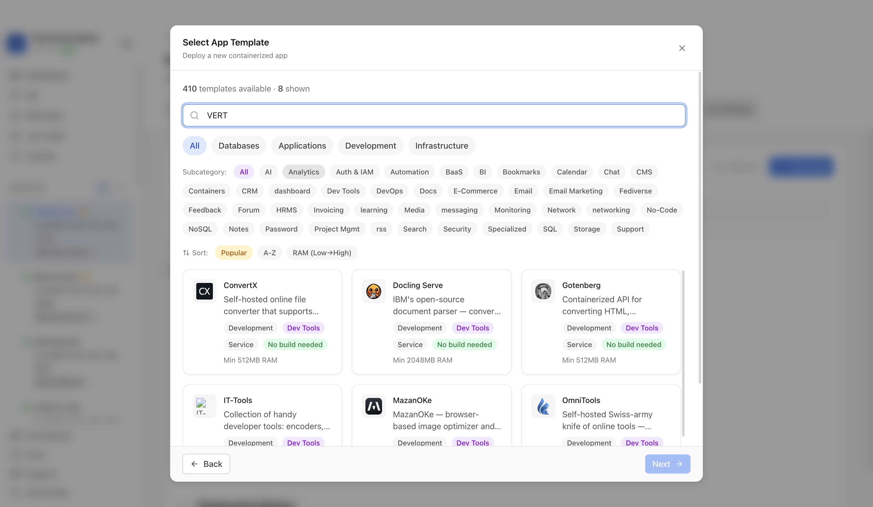 Searching for VERT in the Server Compass template picker