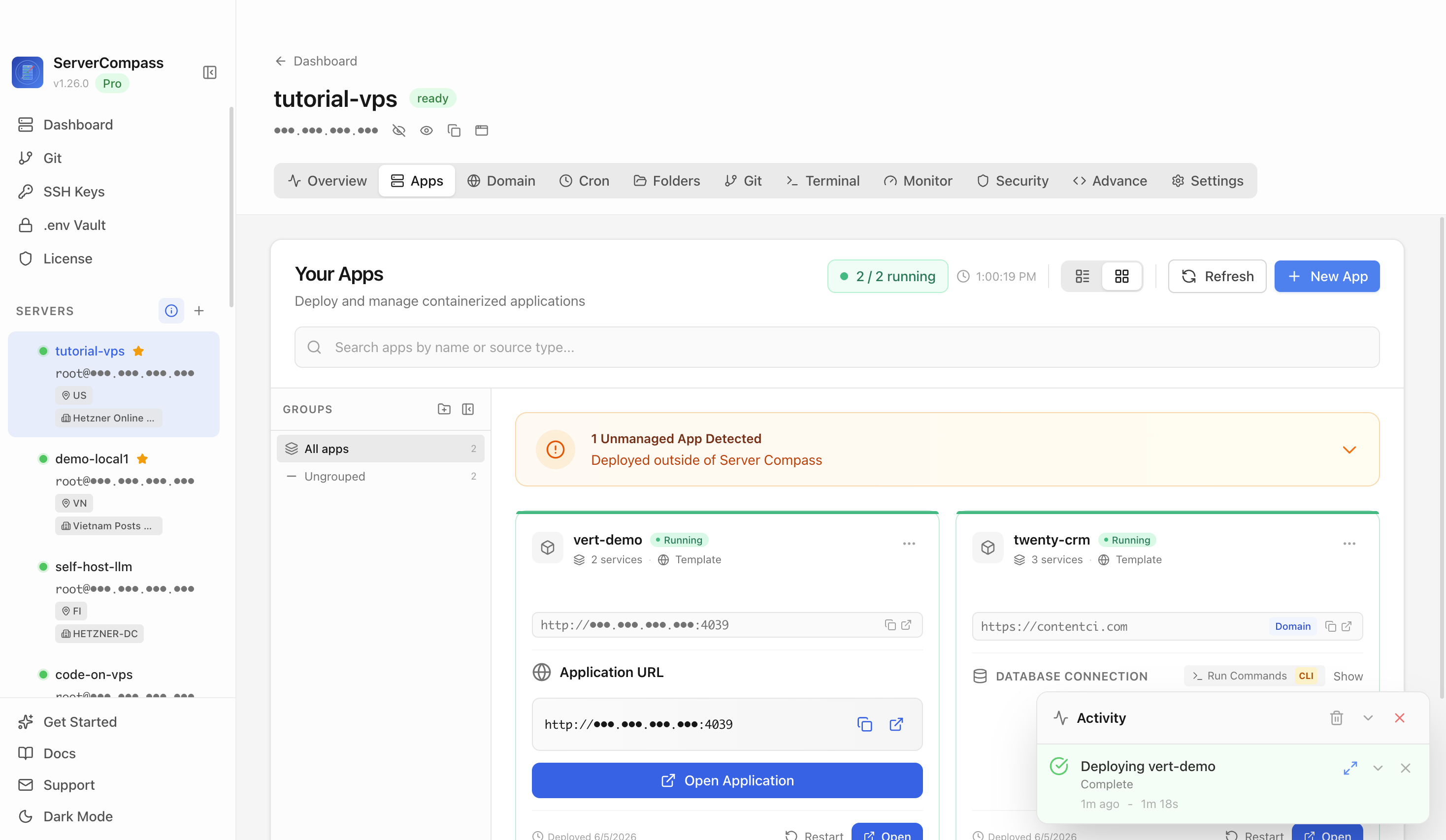 VERT template running in the Server Compass Apps tab