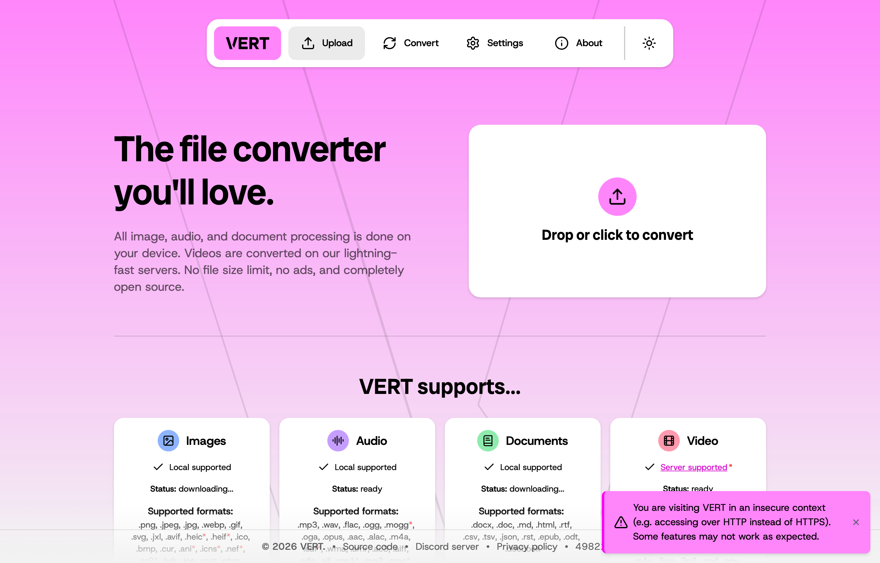 The deployed VERT web UI loaded in a browser