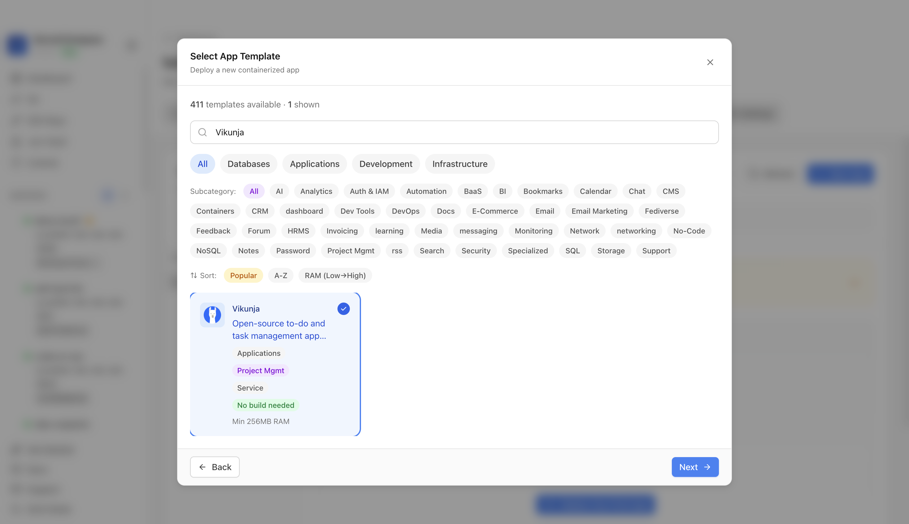 Vikunja template selected in Server Compass