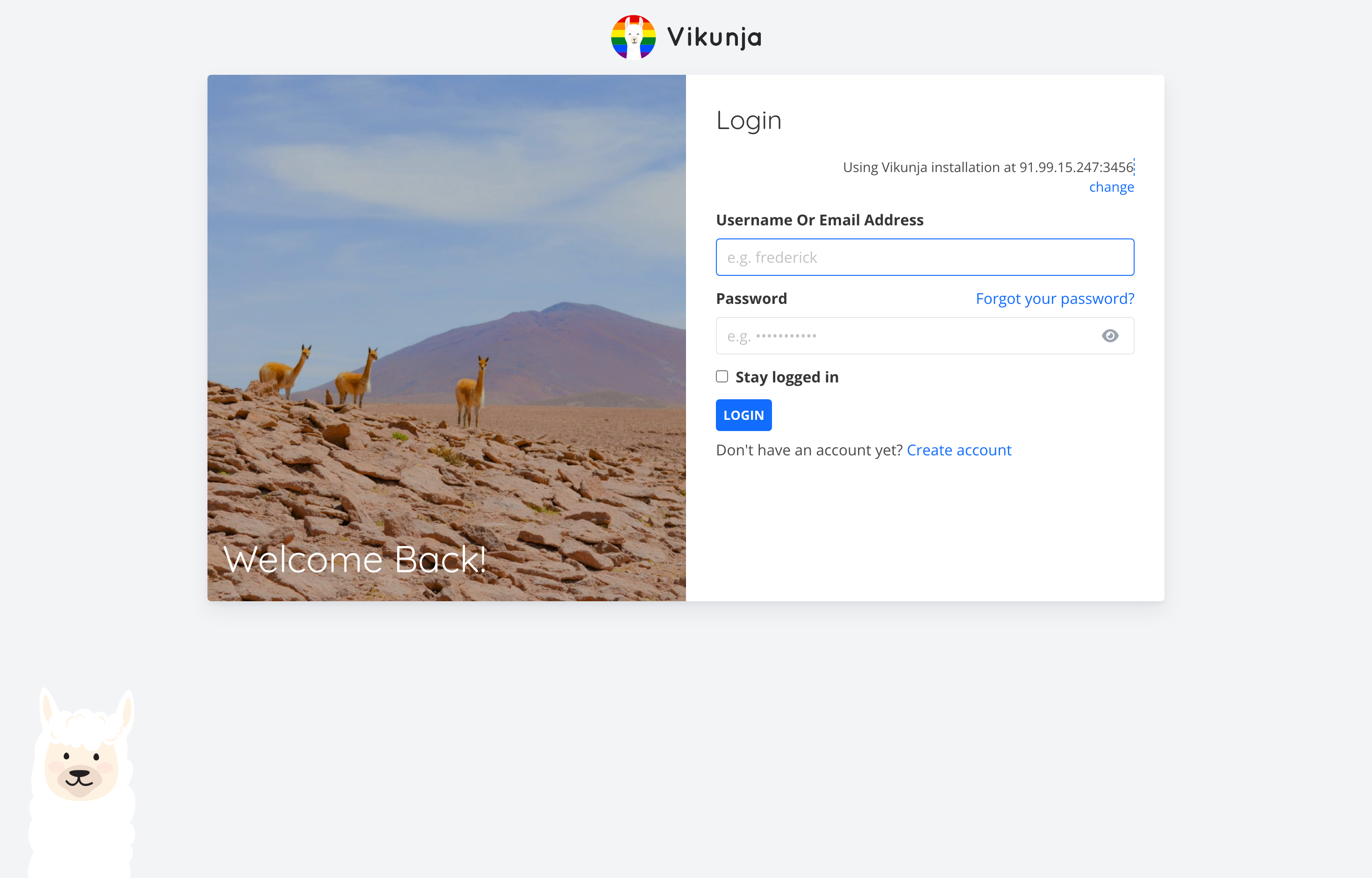 The deployed Vikunja web UI loaded in a browser