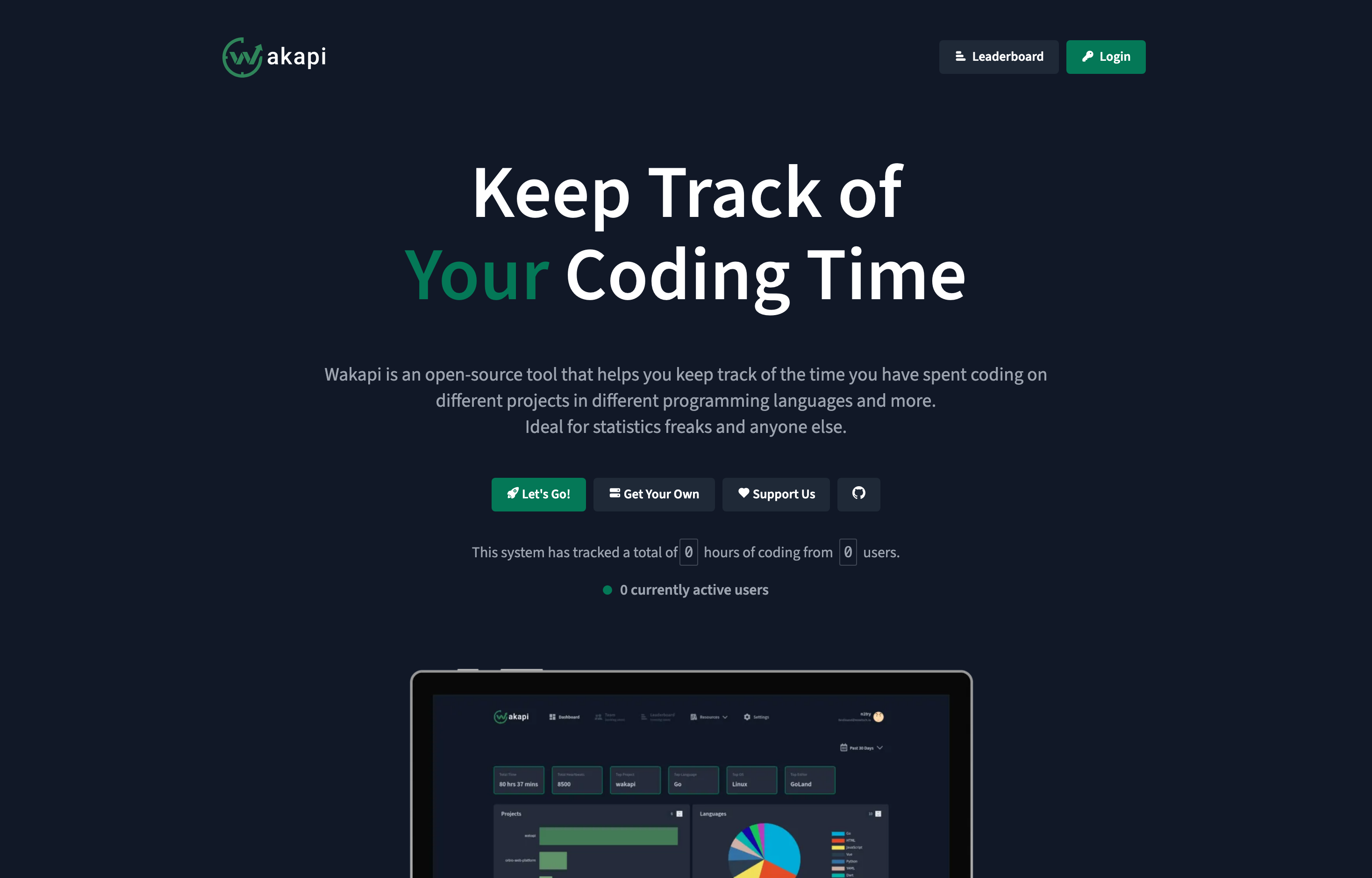 The deployed Wakapi web UI loaded in a browser