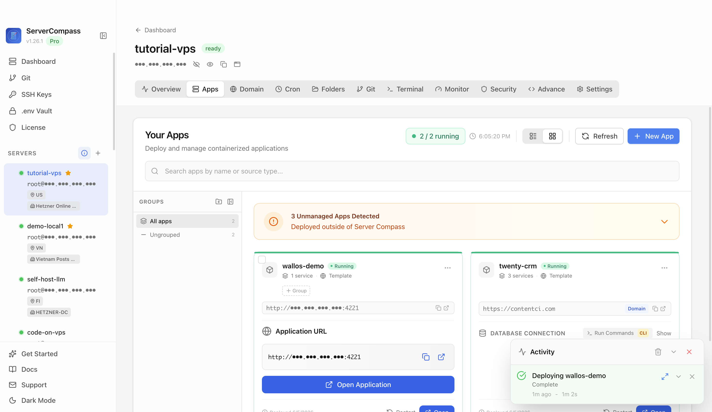 Wallos template running in the Server Compass Apps tab