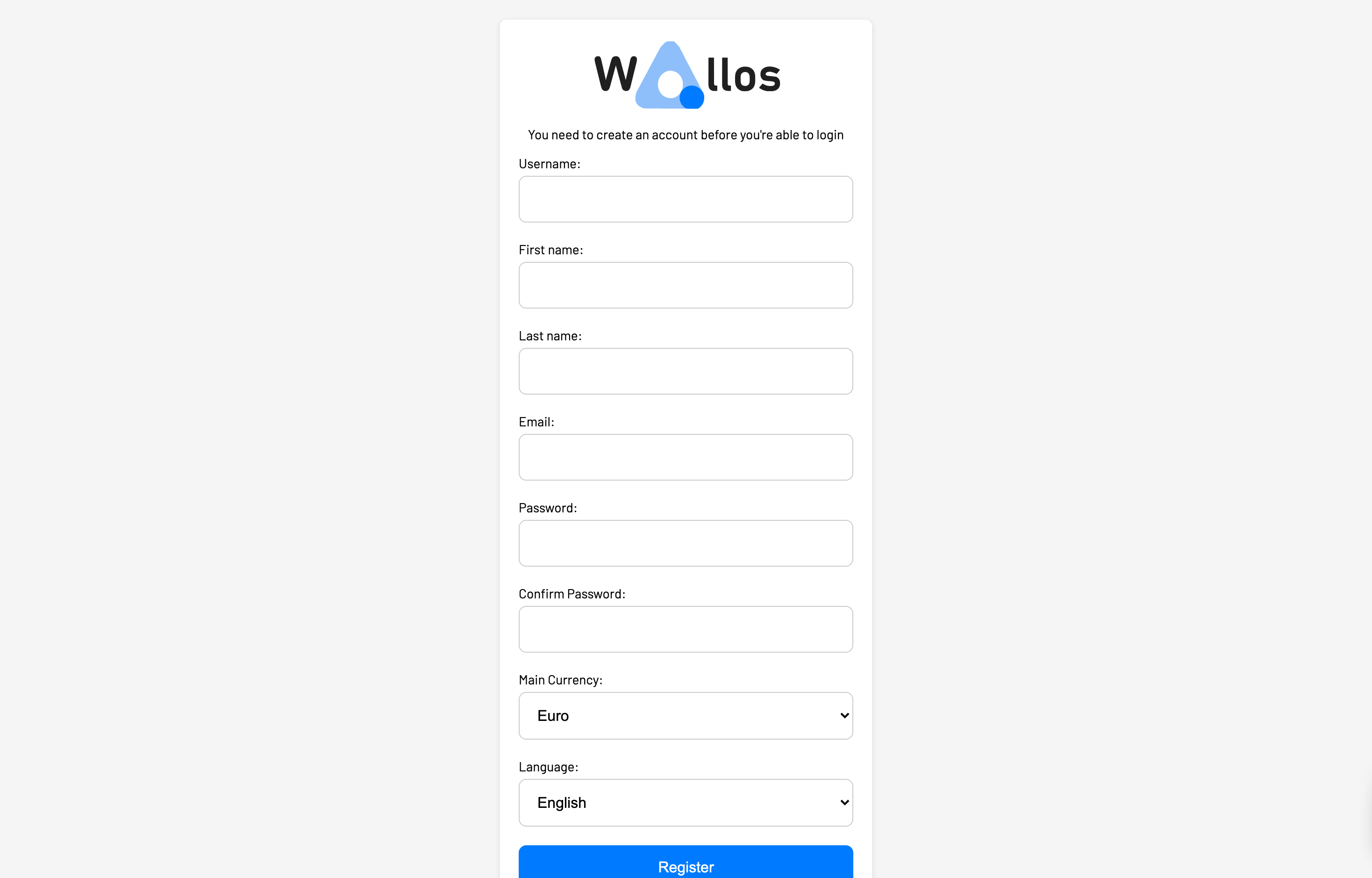 The deployed Wallos web UI loaded in a browser