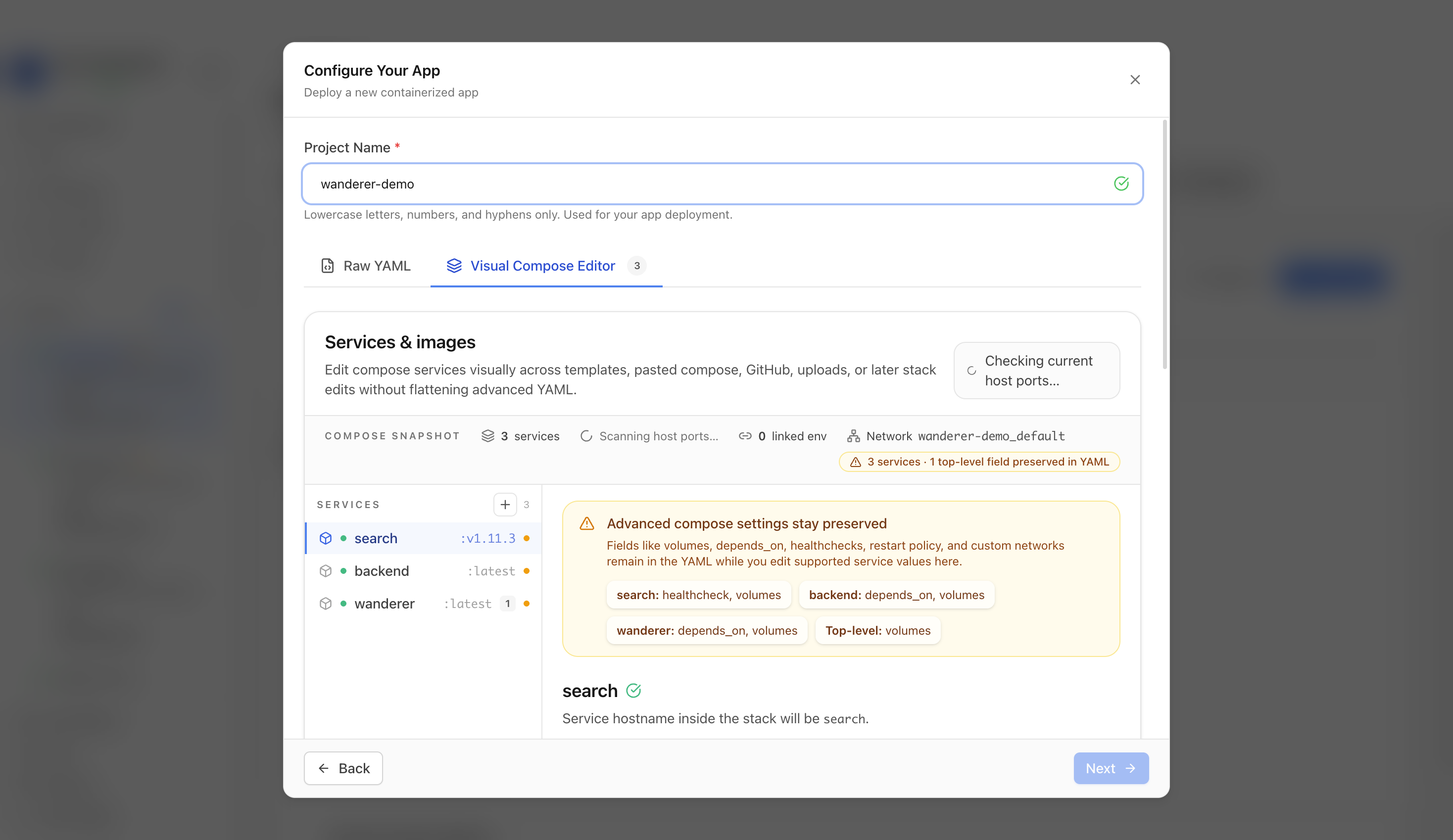 Reviewing Wanderer project settings and compose service