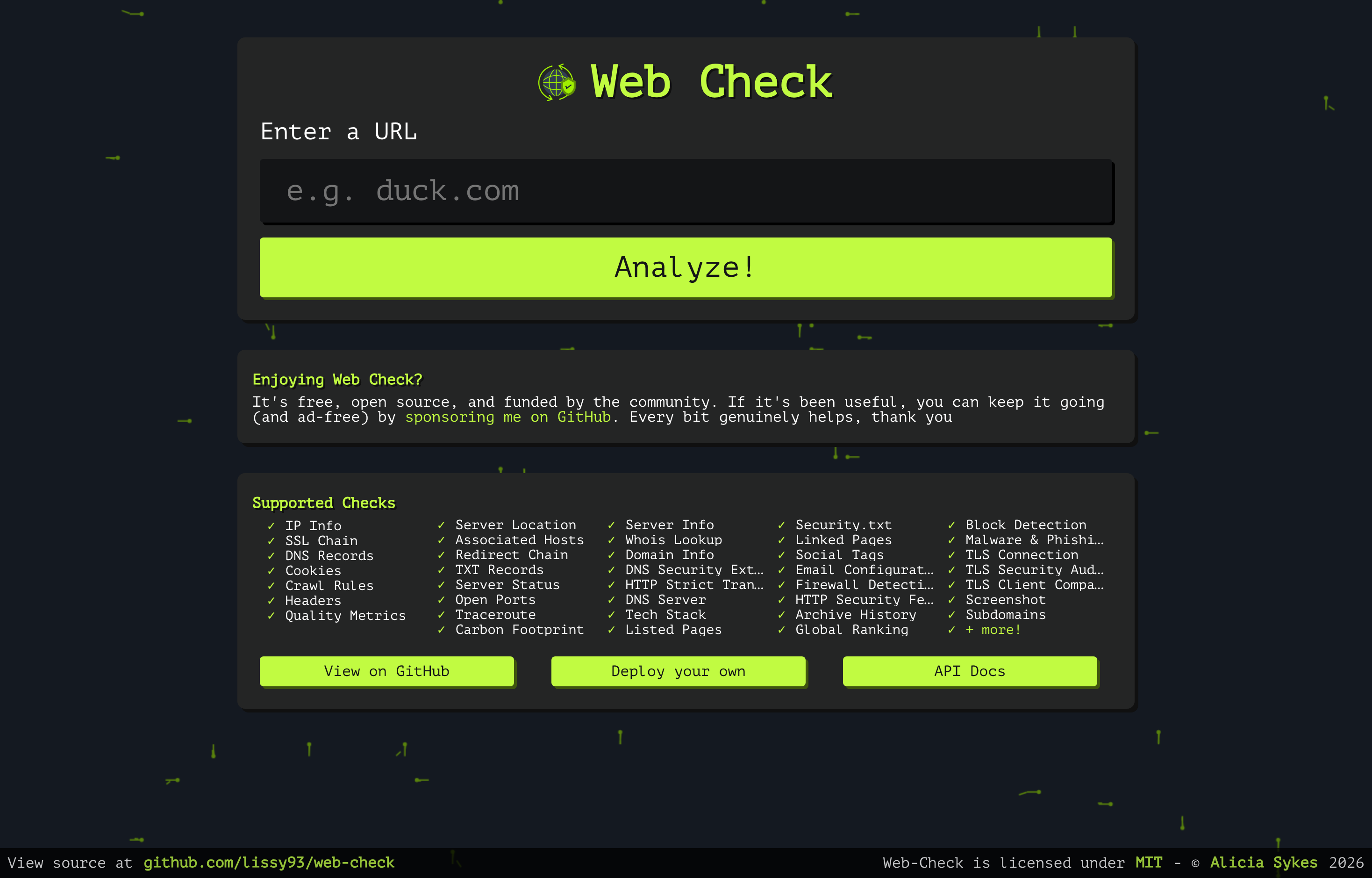 The deployed Web Check web UI loaded in a browser