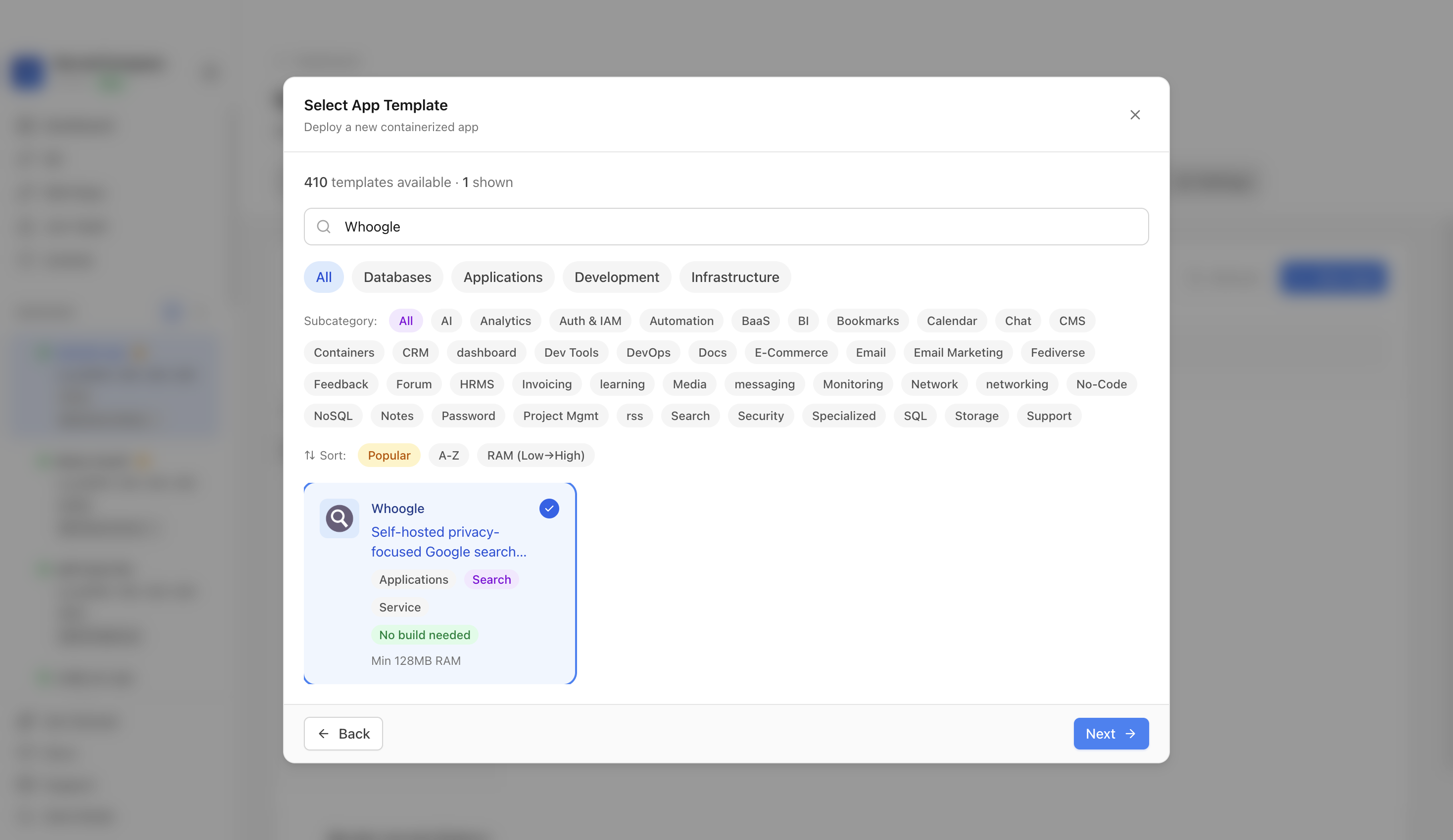 Whoogle template selected in Server Compass