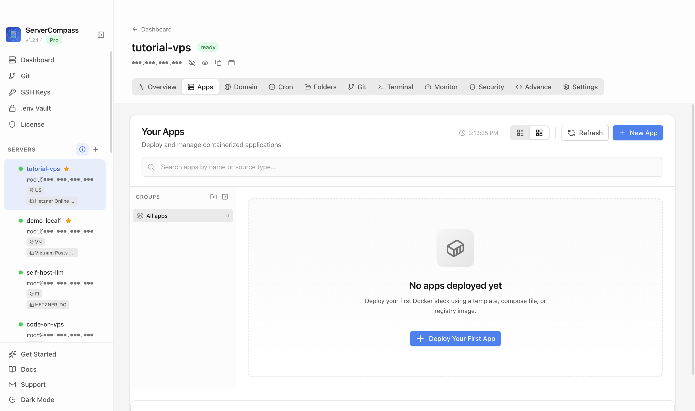 Server Compass Apps tab before creating a Wiki.js app