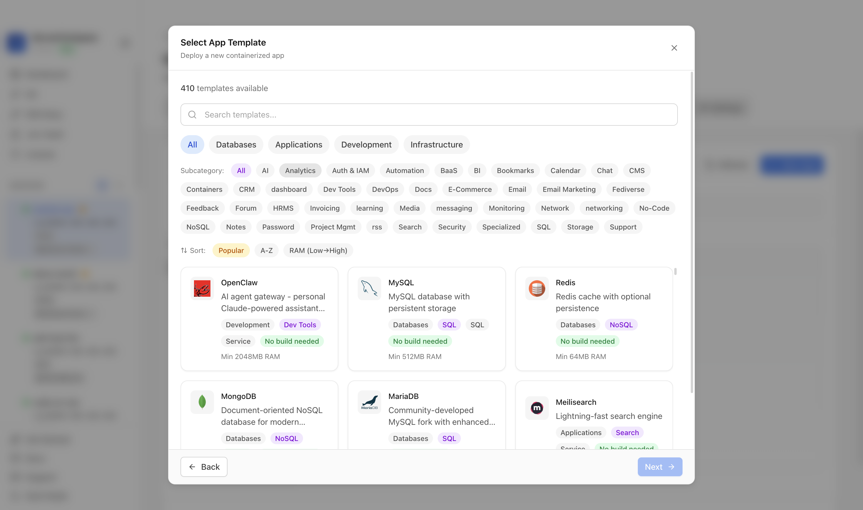 Choosing to deploy an app from a Server Compass template