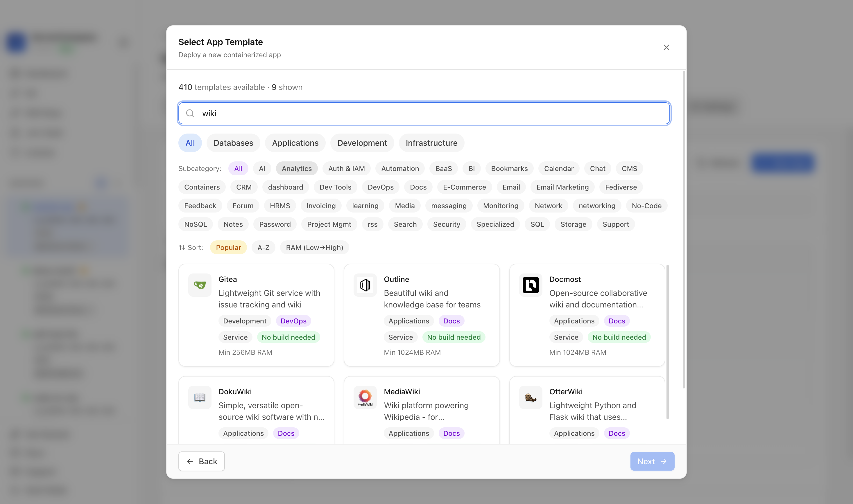 Searching for Wiki.js in the Server Compass template picker