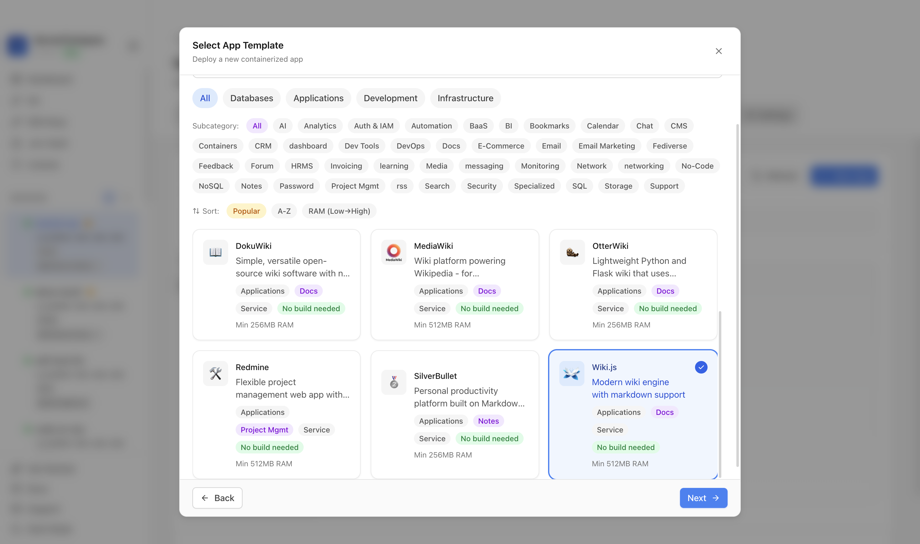 Wiki.js template selected in Server Compass