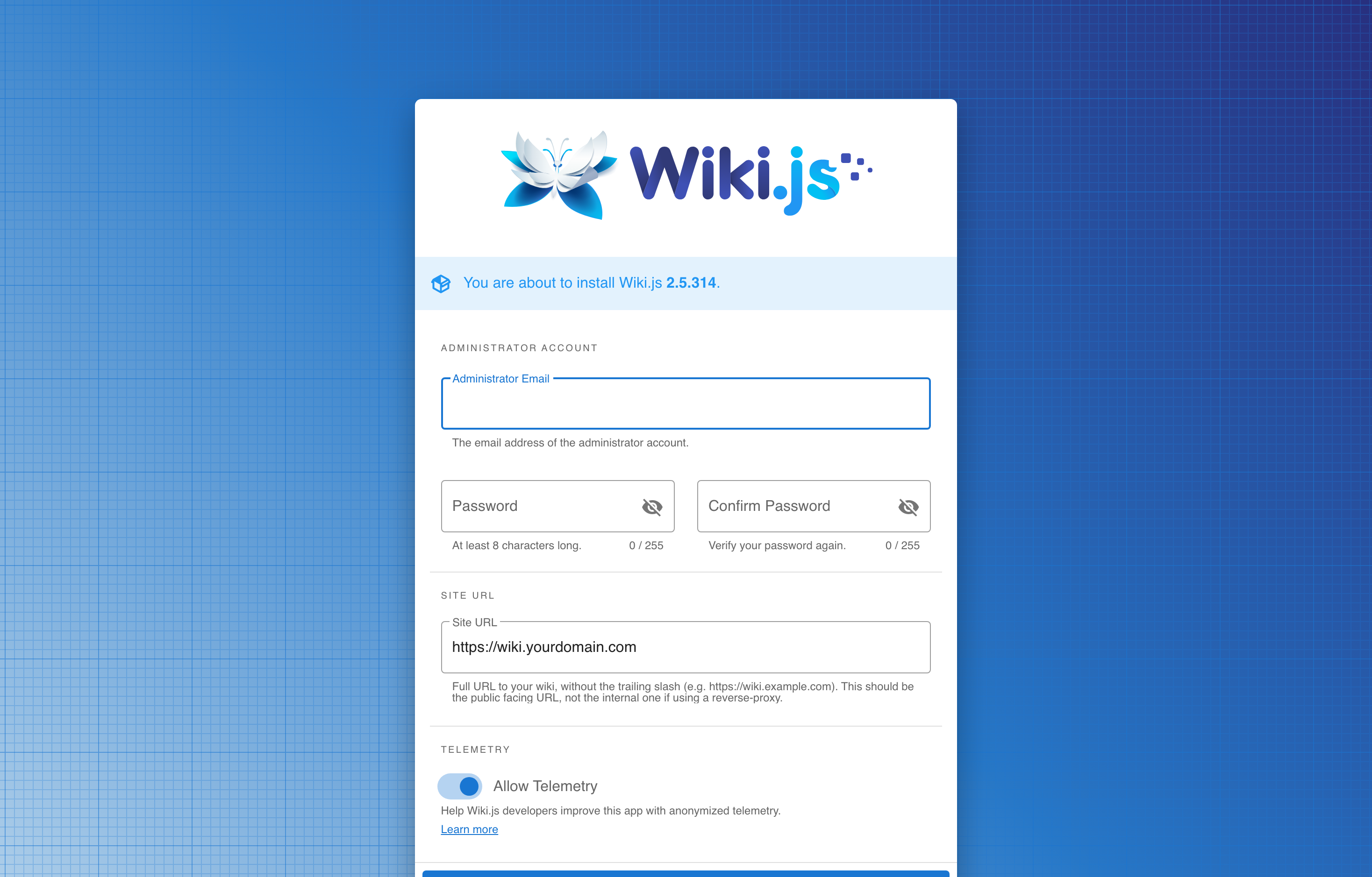 The deployed Wiki.js setup wizard loaded in a browser