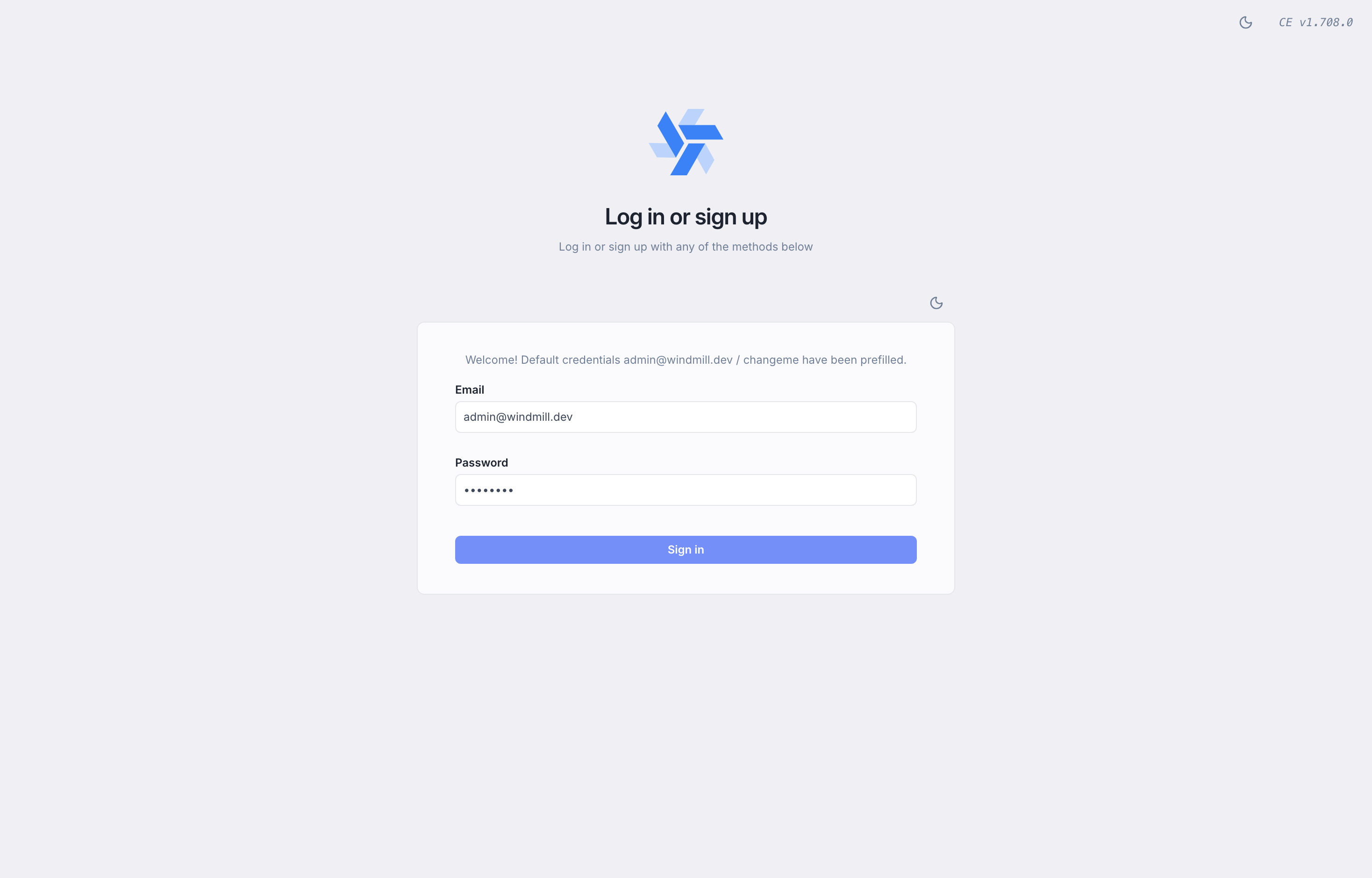 The deployed Windmill web UI loaded in a browser