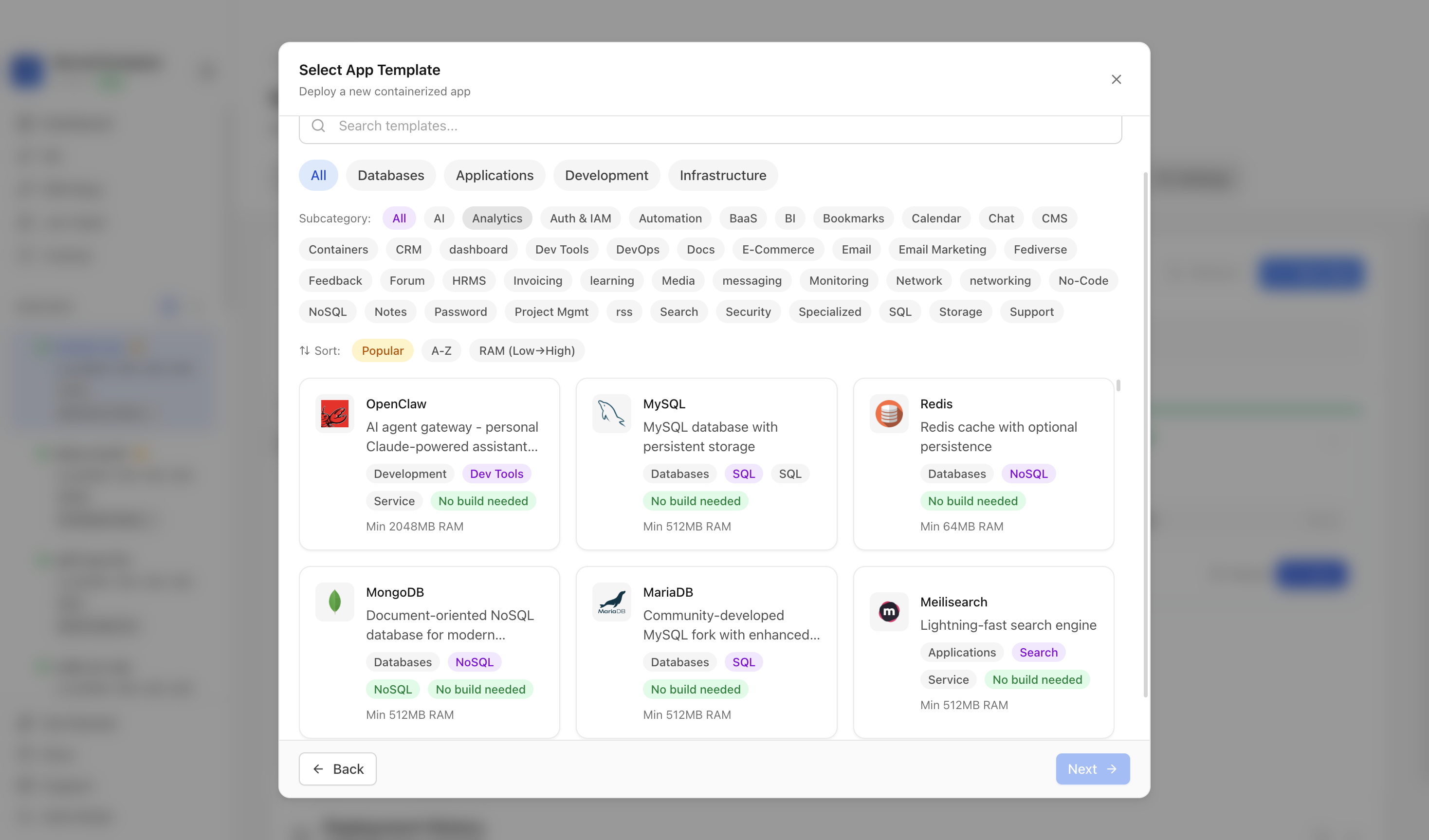Choosing to deploy an app from a Server Compass template