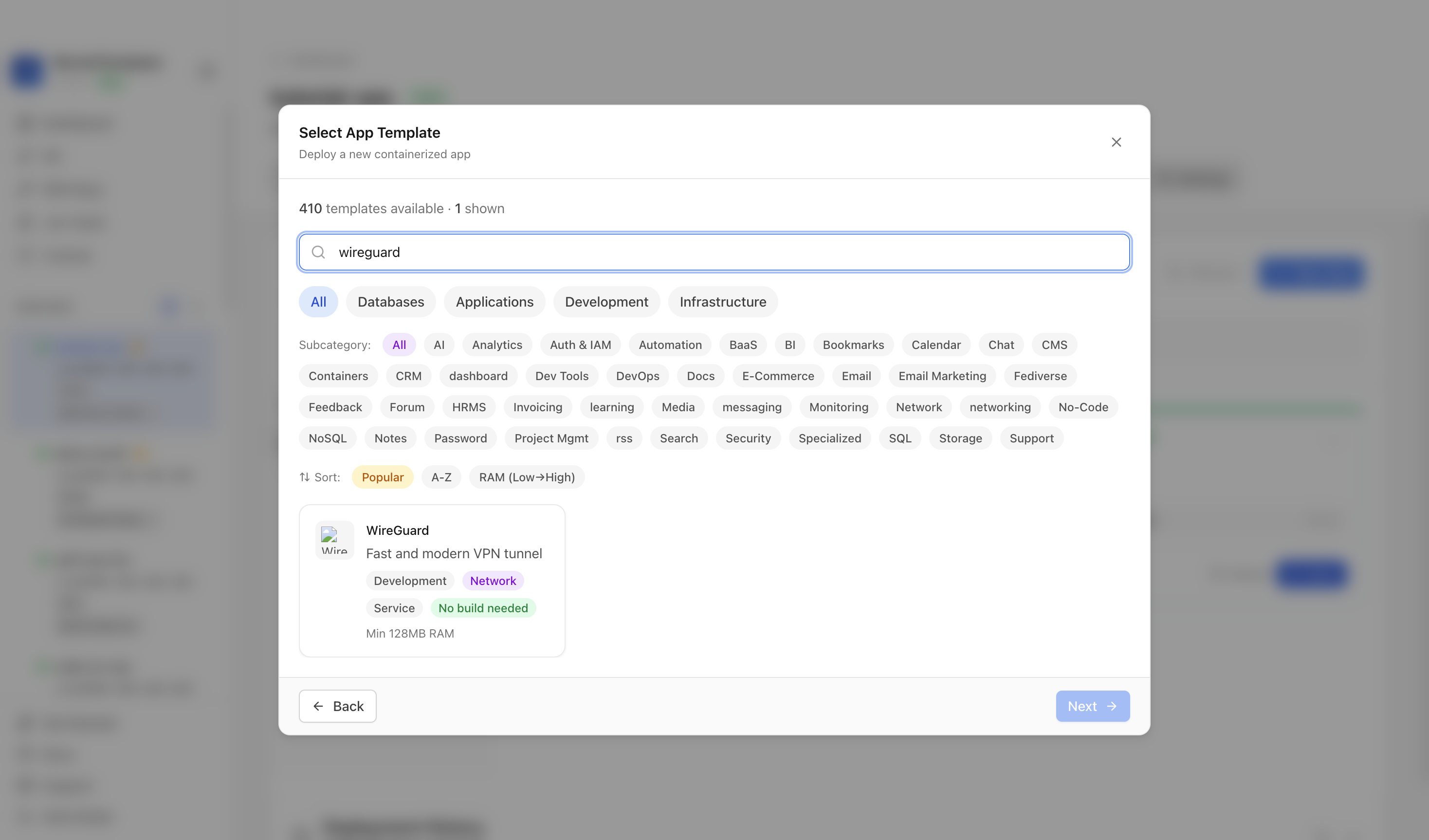 Searching for WireGuard in the Server Compass template picker