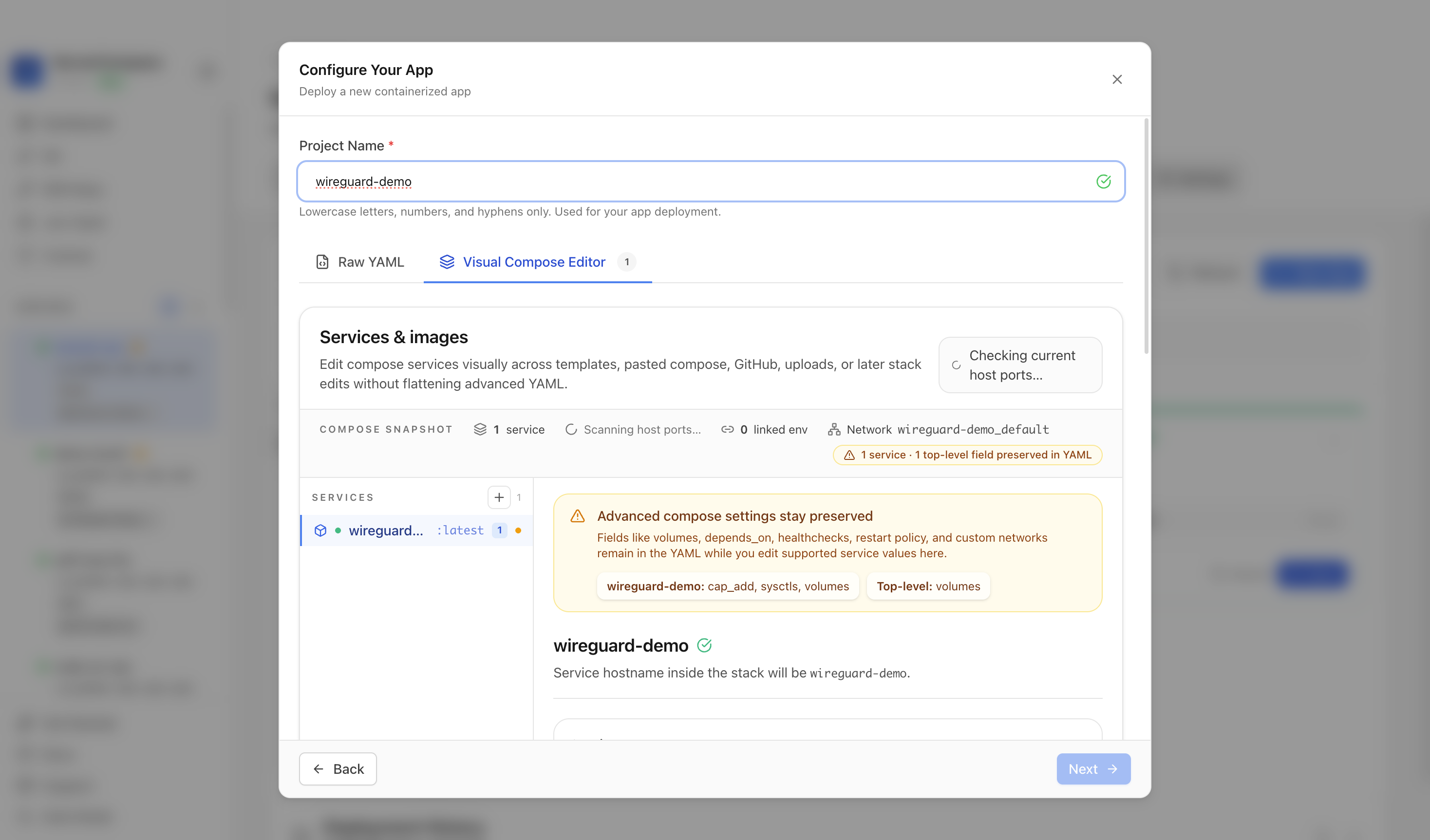 Reviewing WireGuard project settings and compose services