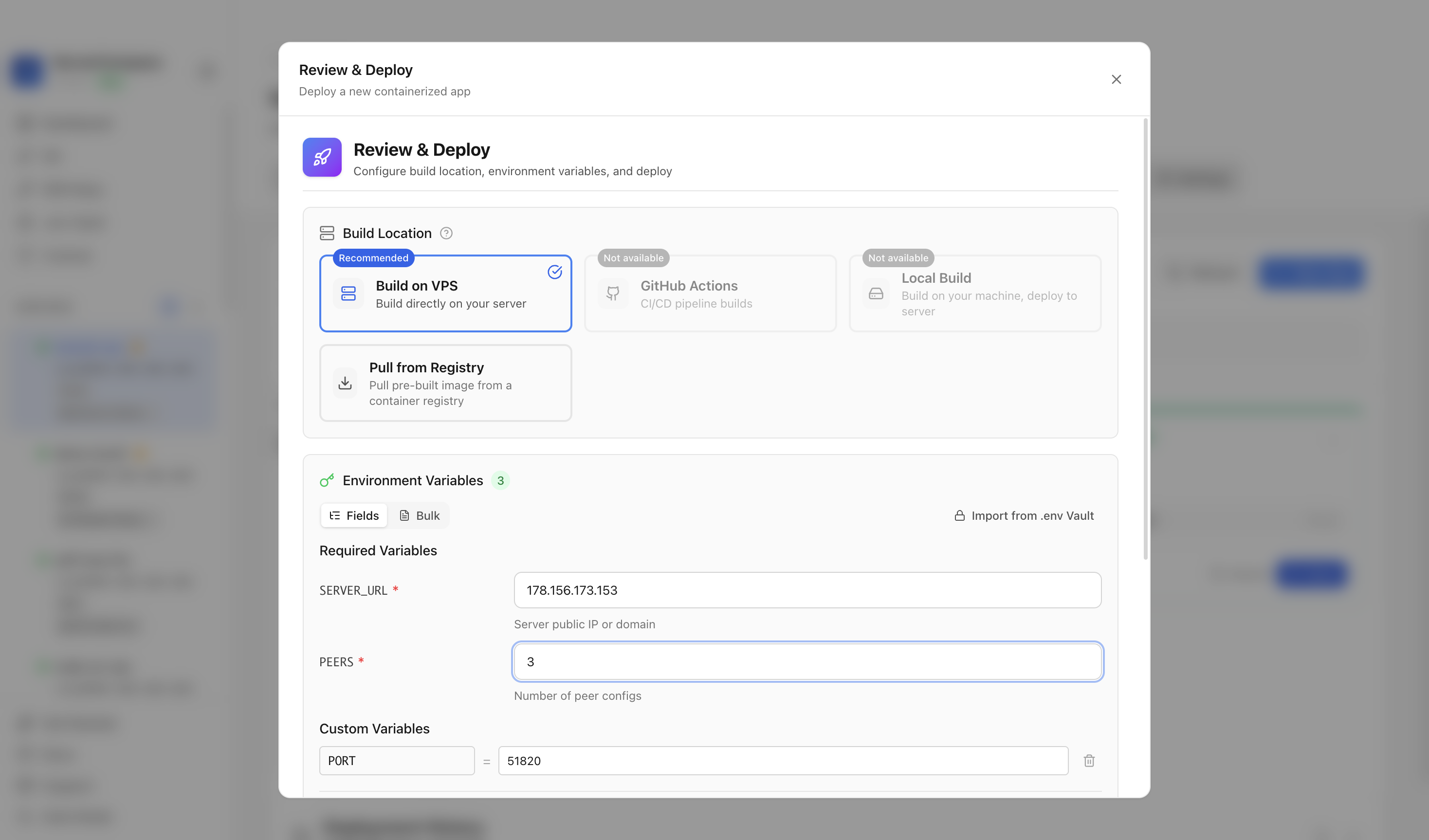Reviewing WireGuard environment variables and port before deployment