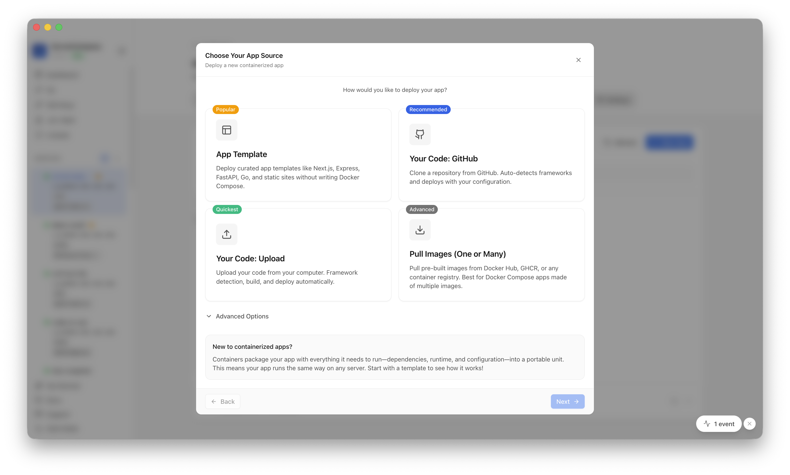 Choosing to deploy an app from a Server Compass template