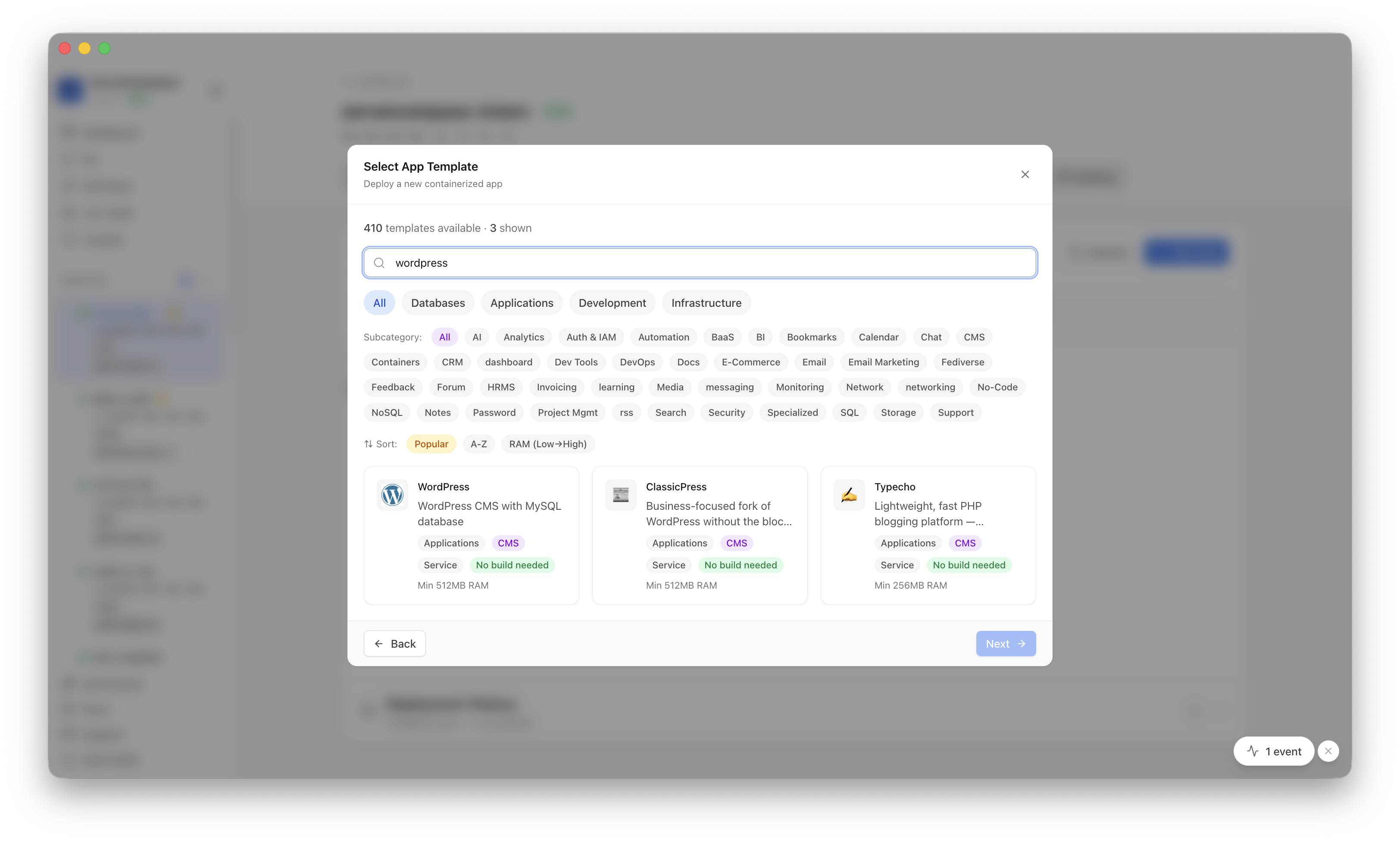 Searching for WordPress in the Server Compass template picker