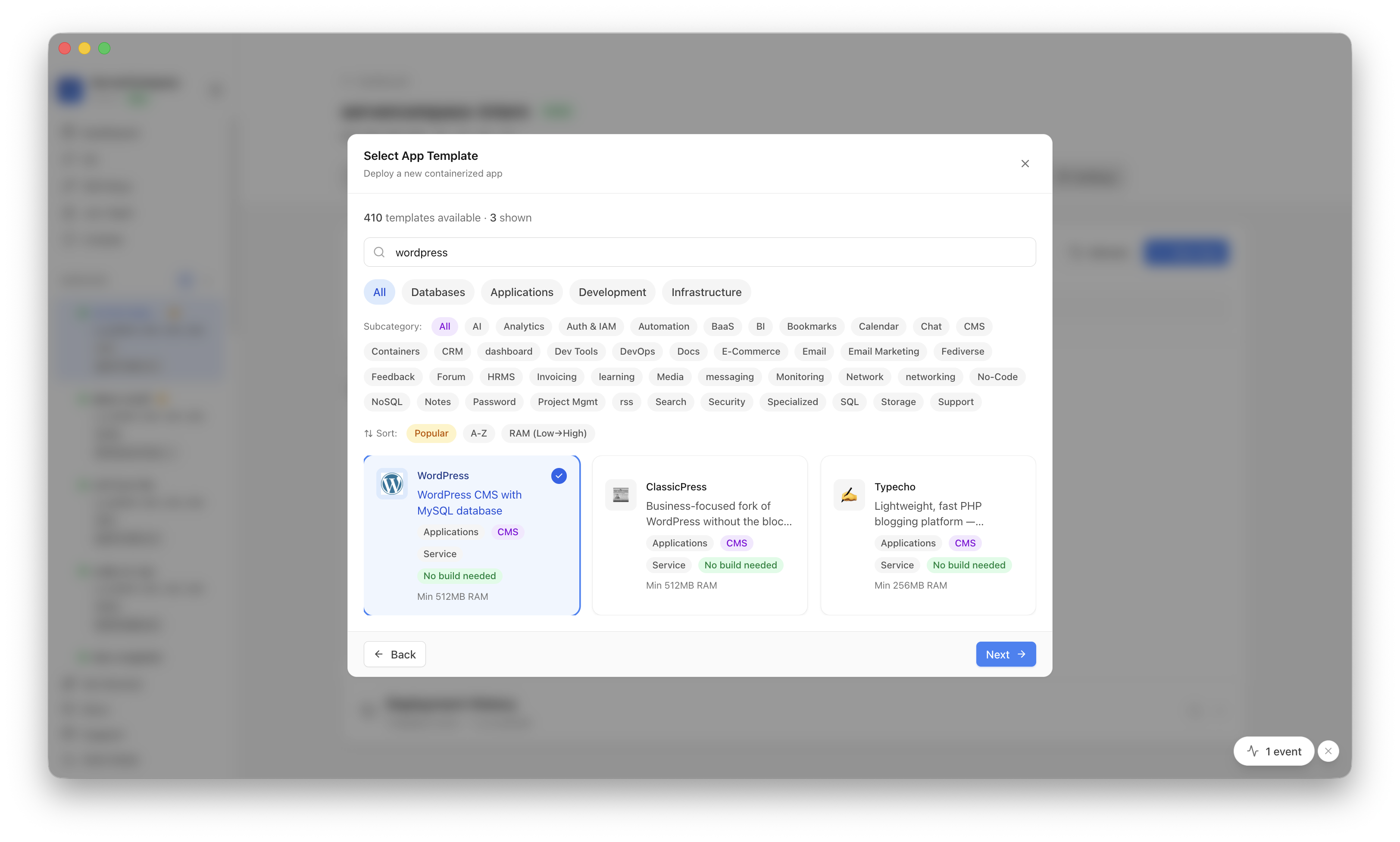 WordPress template selected in Server Compass
