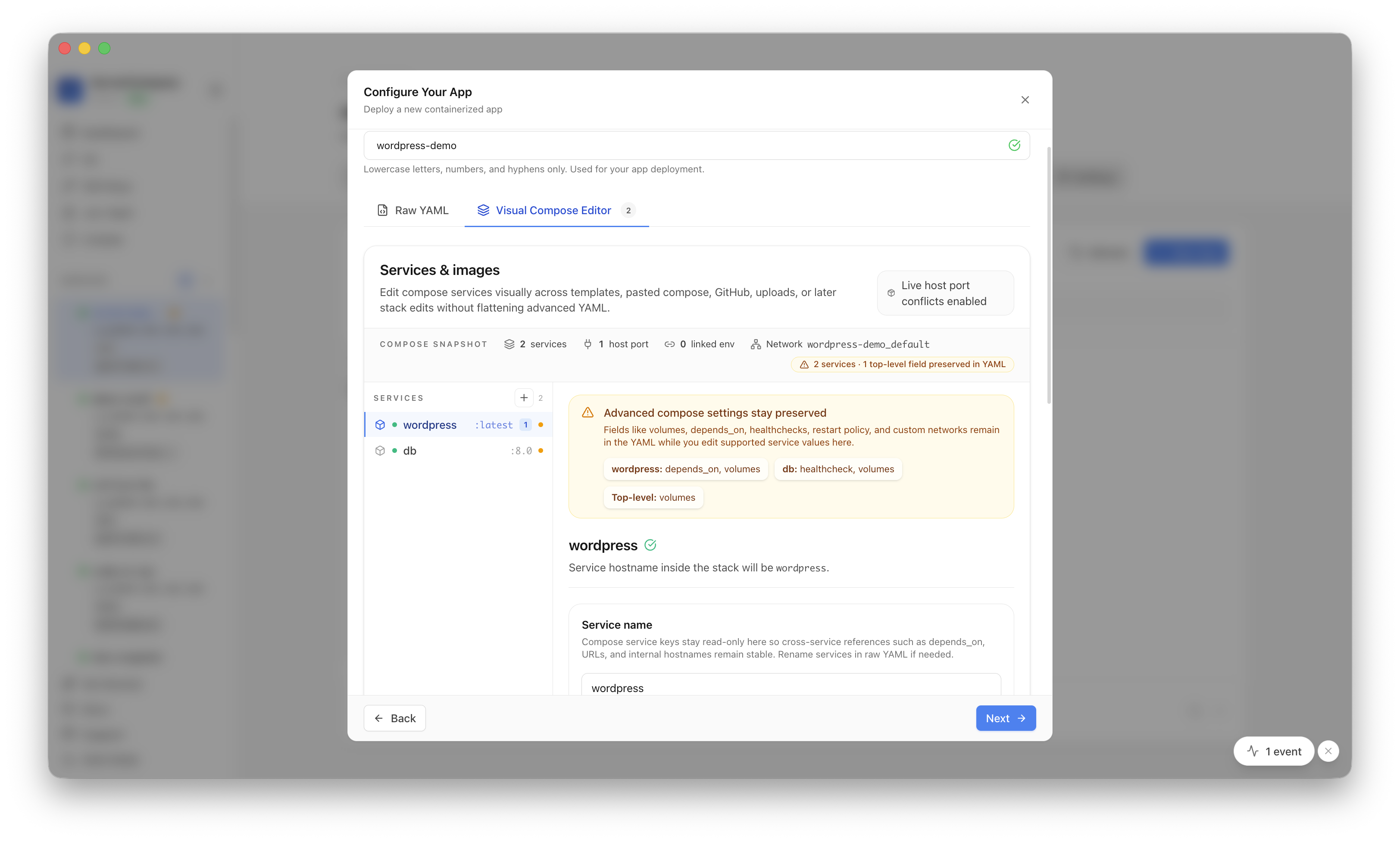 Reviewing the generated WordPress and MySQL services