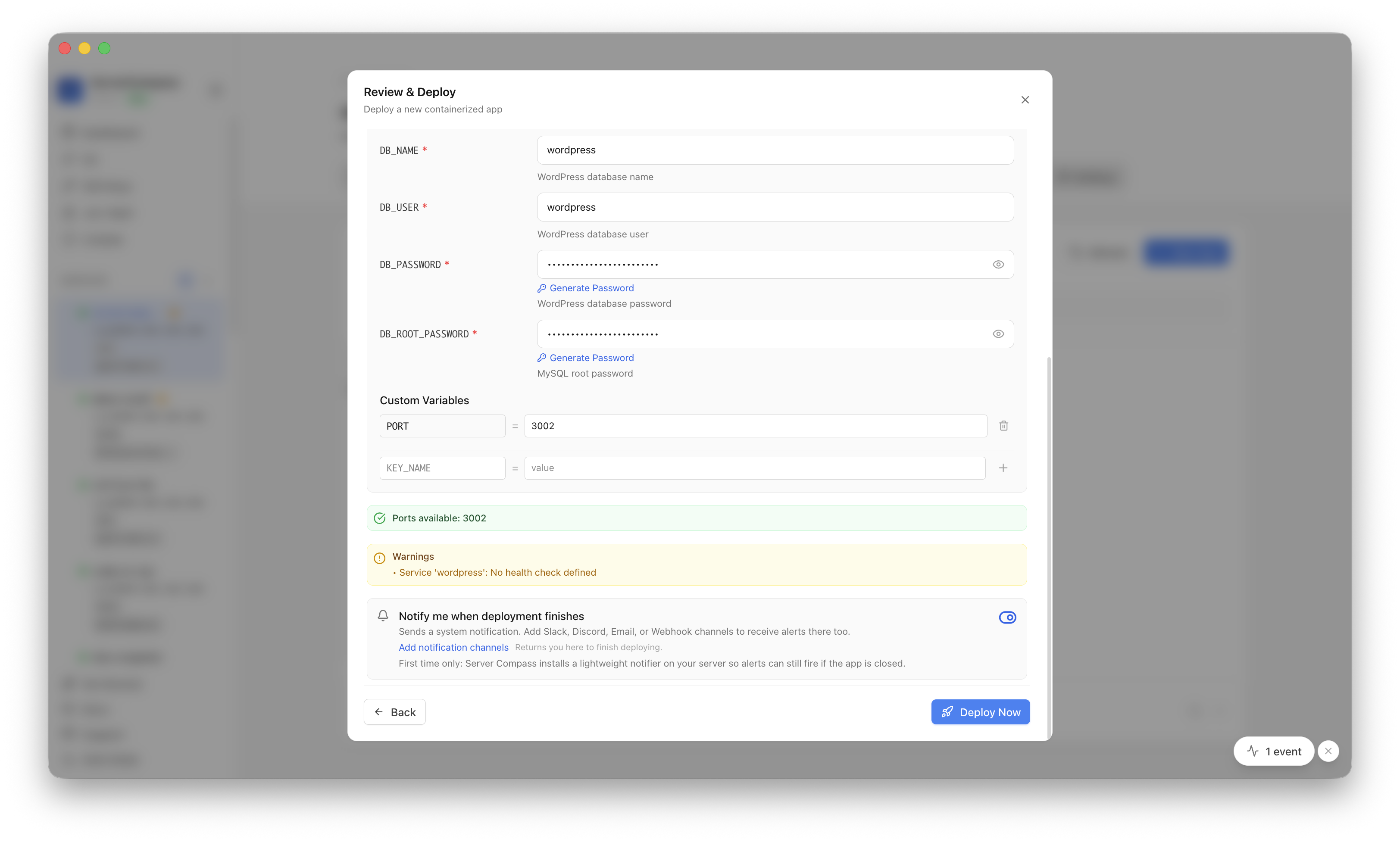 Reviewing WordPress database variables and host port before deployment
