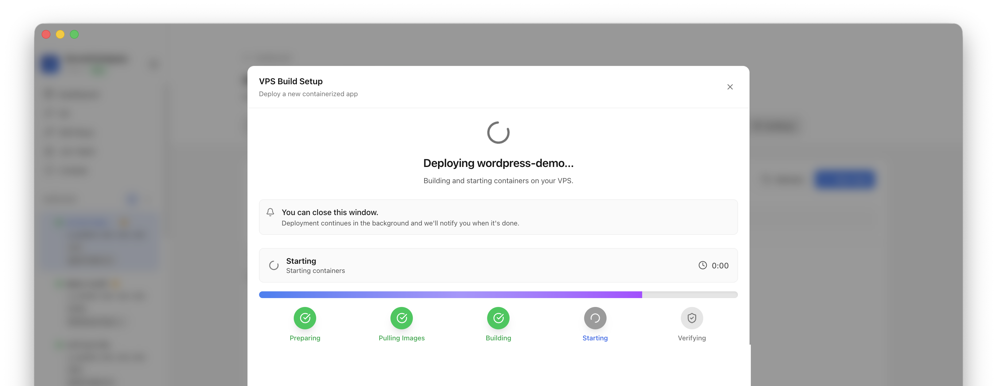 Server Compass deploying the WordPress template on the VPS