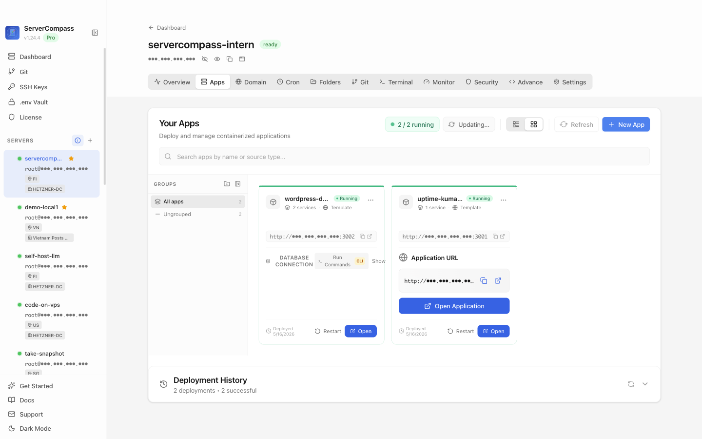 WordPress template running in the Server Compass Apps tab