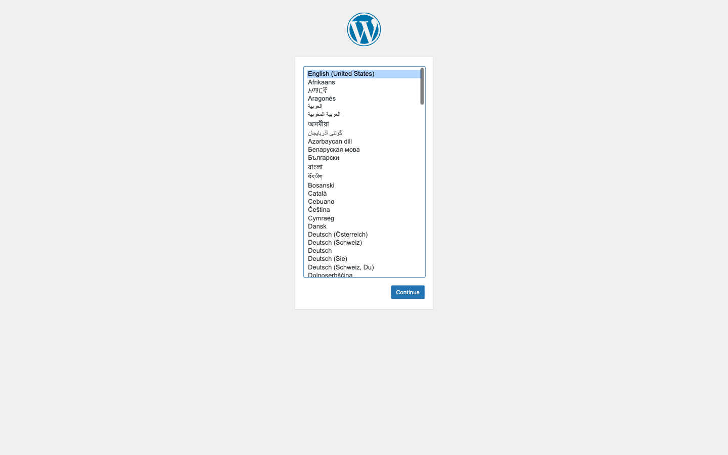 The deployed WordPress installation screen loaded in a browser