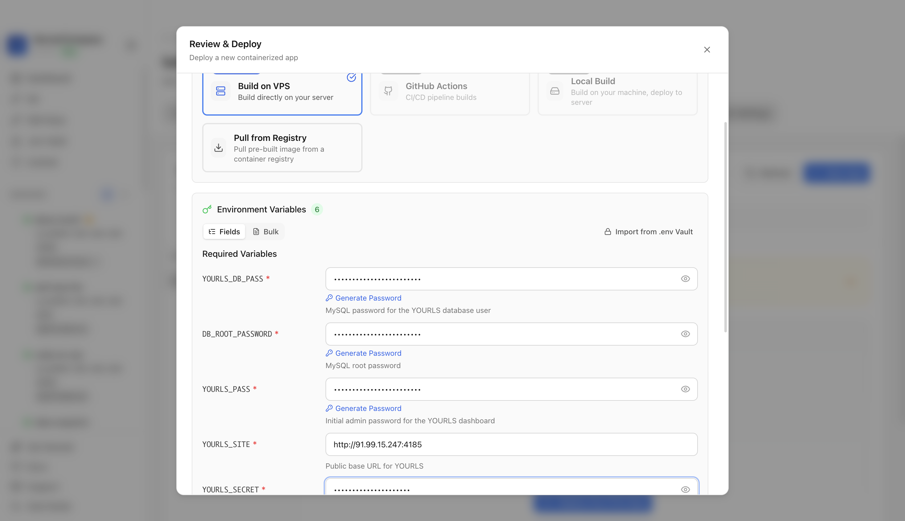 Reviewing YOURLS environment variables and web port before deployment