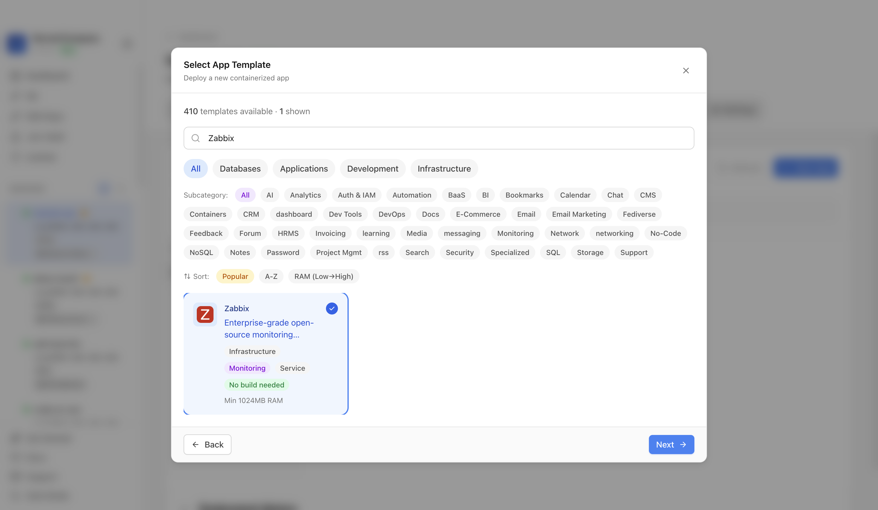 Zabbix template selected in Server Compass