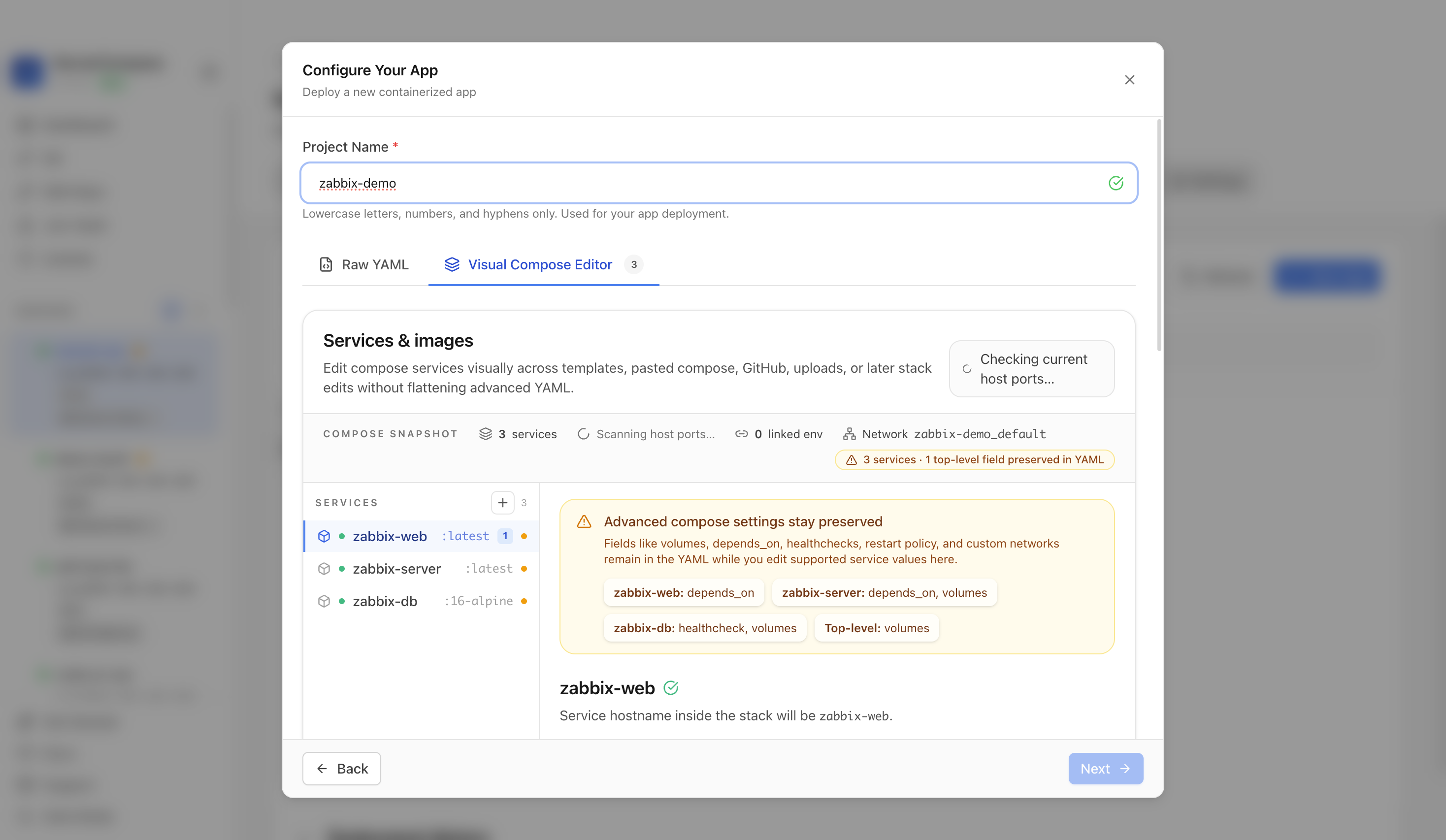 Reviewing Zabbix project settings and compose service