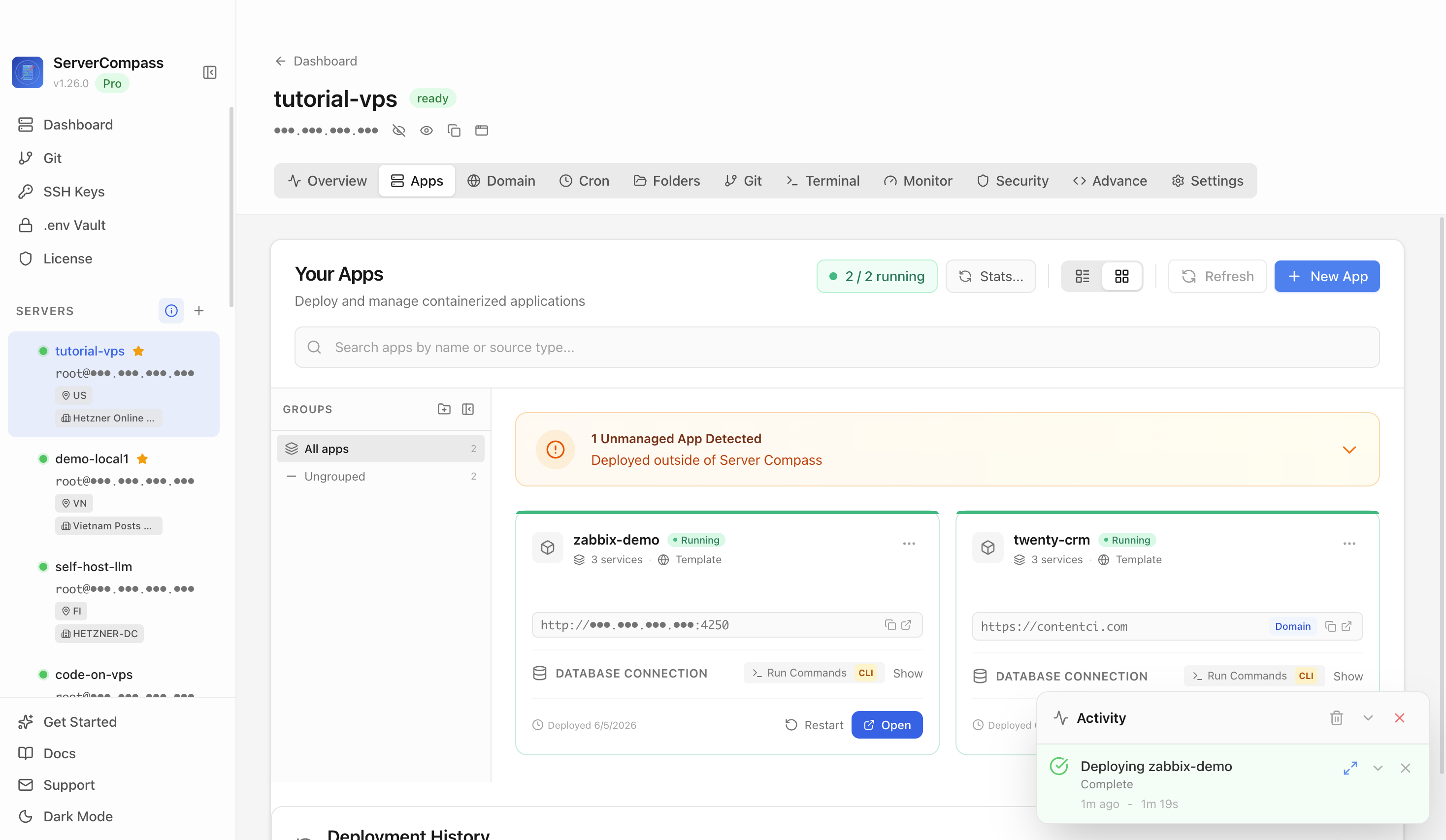 Zabbix template running in the Server Compass Apps tab