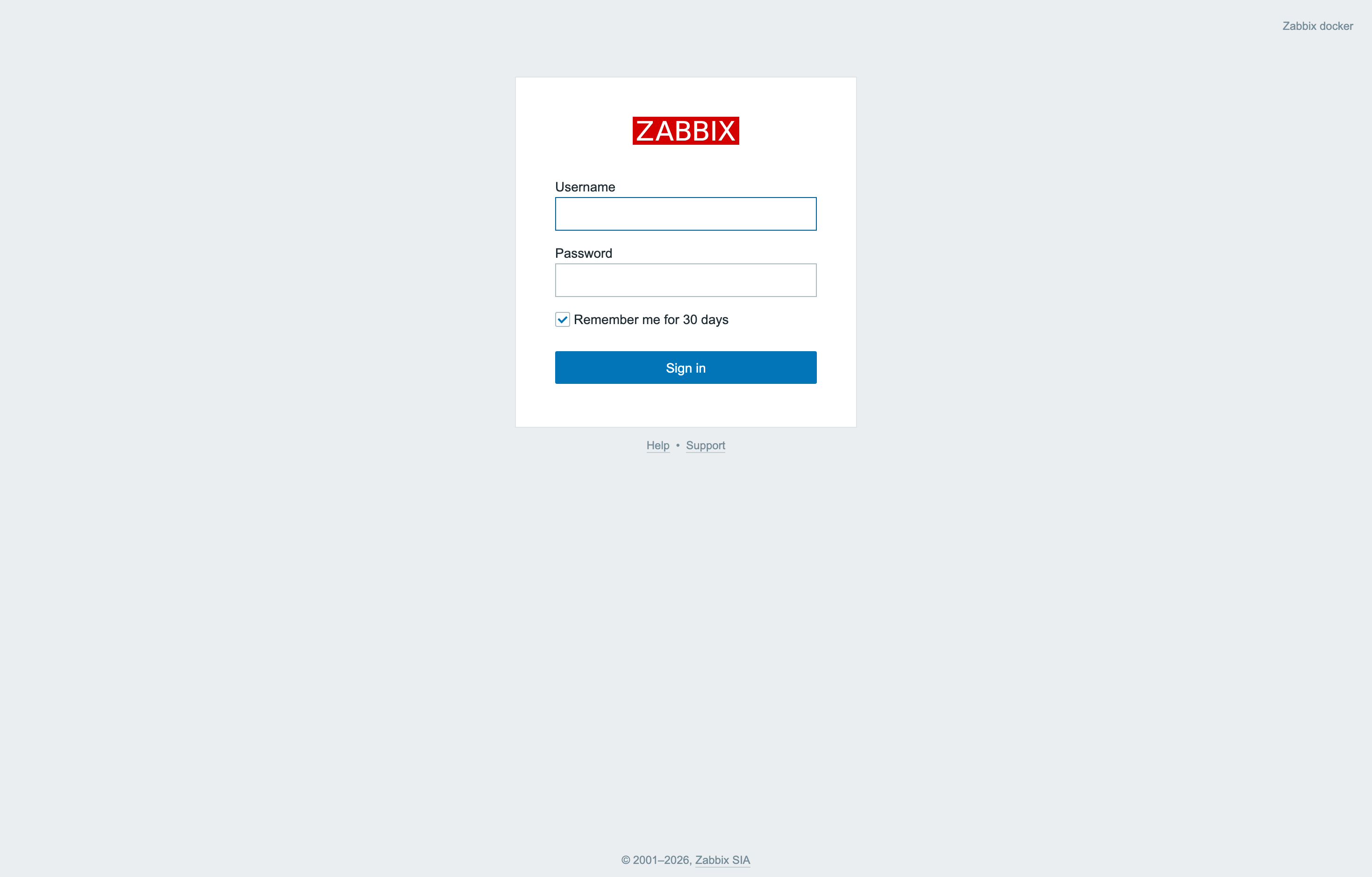 The deployed Zabbix web UI loaded in a browser