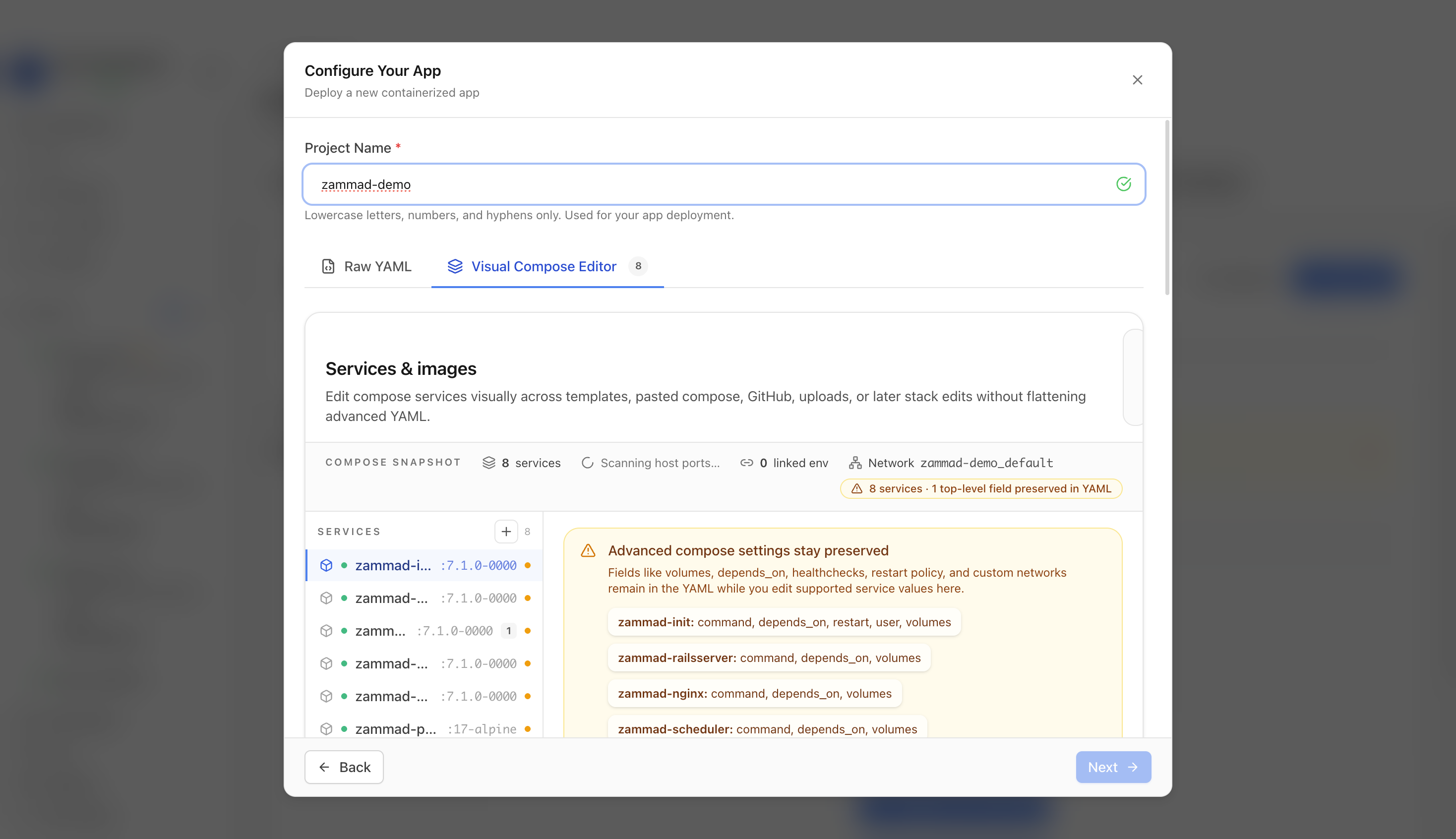 Reviewing Zammad project settings and compose services