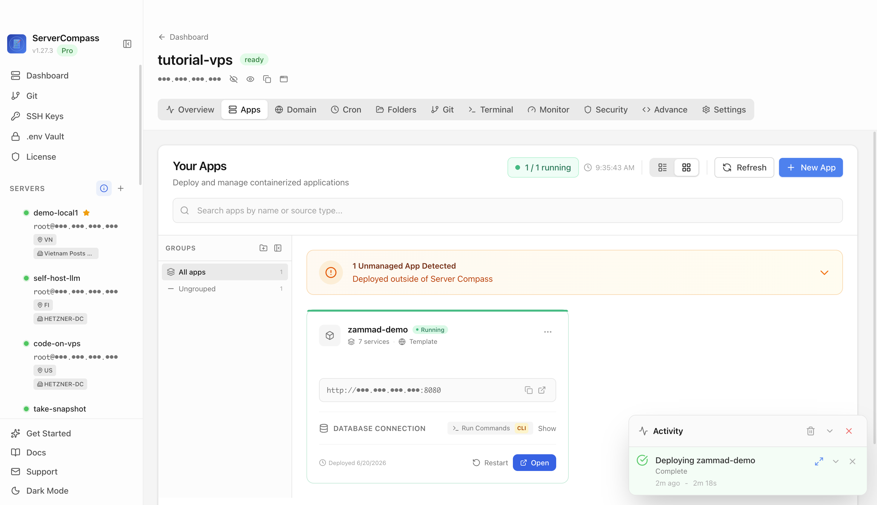 Zammad template running in the Server Compass Apps tab