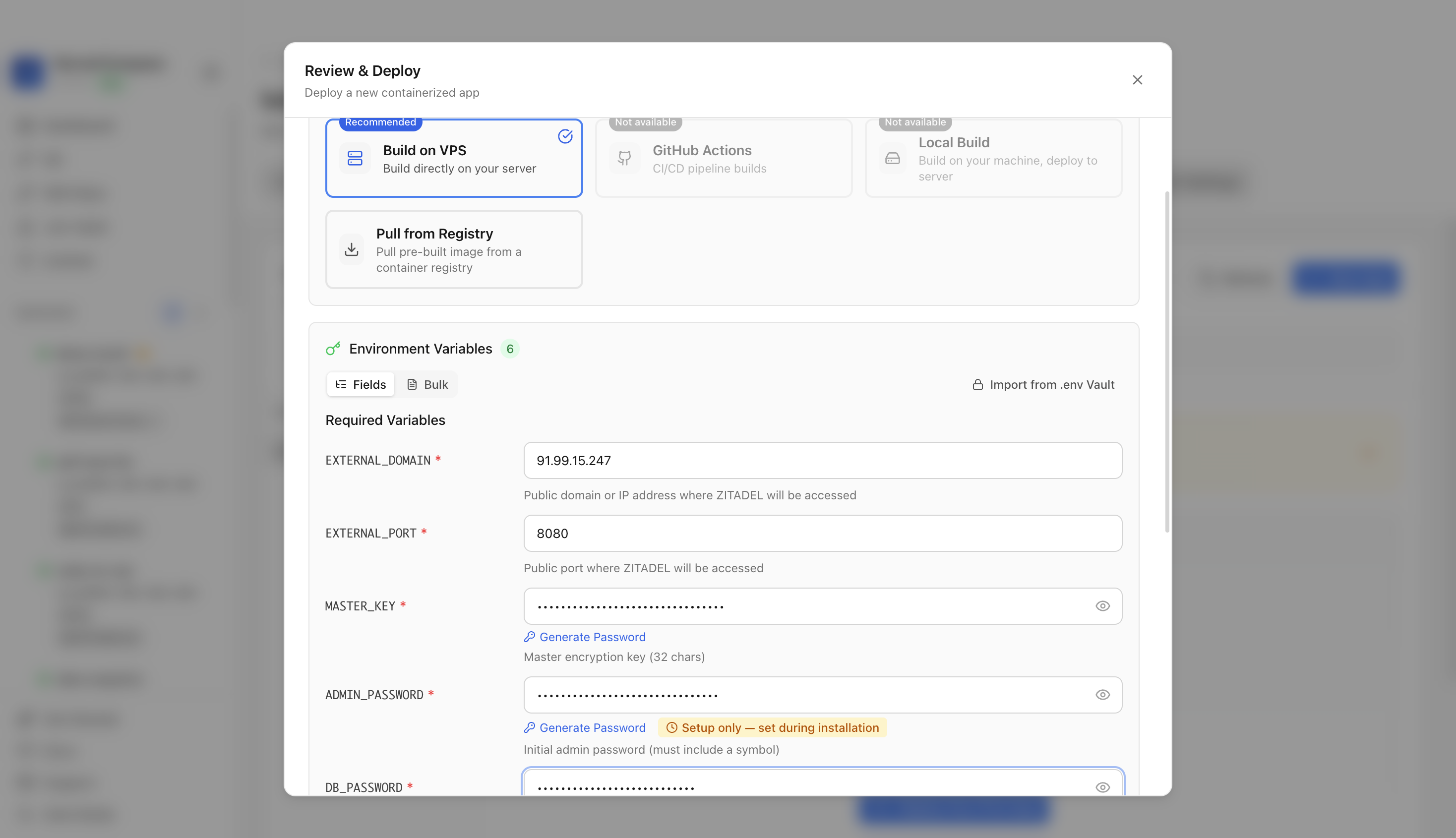 Reviewing ZITADEL environment variables and port before deployment